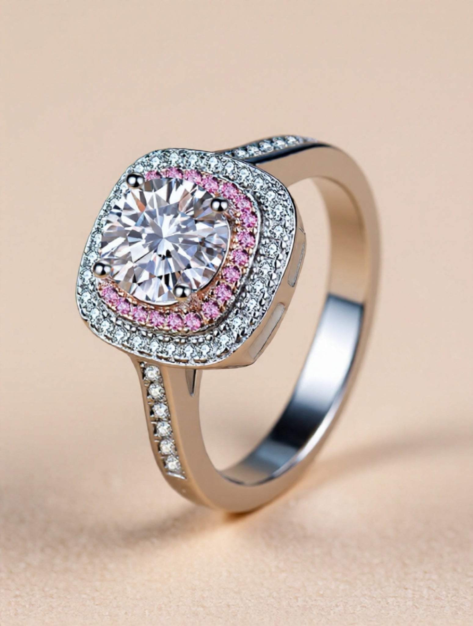 925 Sterling Silver Moissanite Ring with Pink Accent