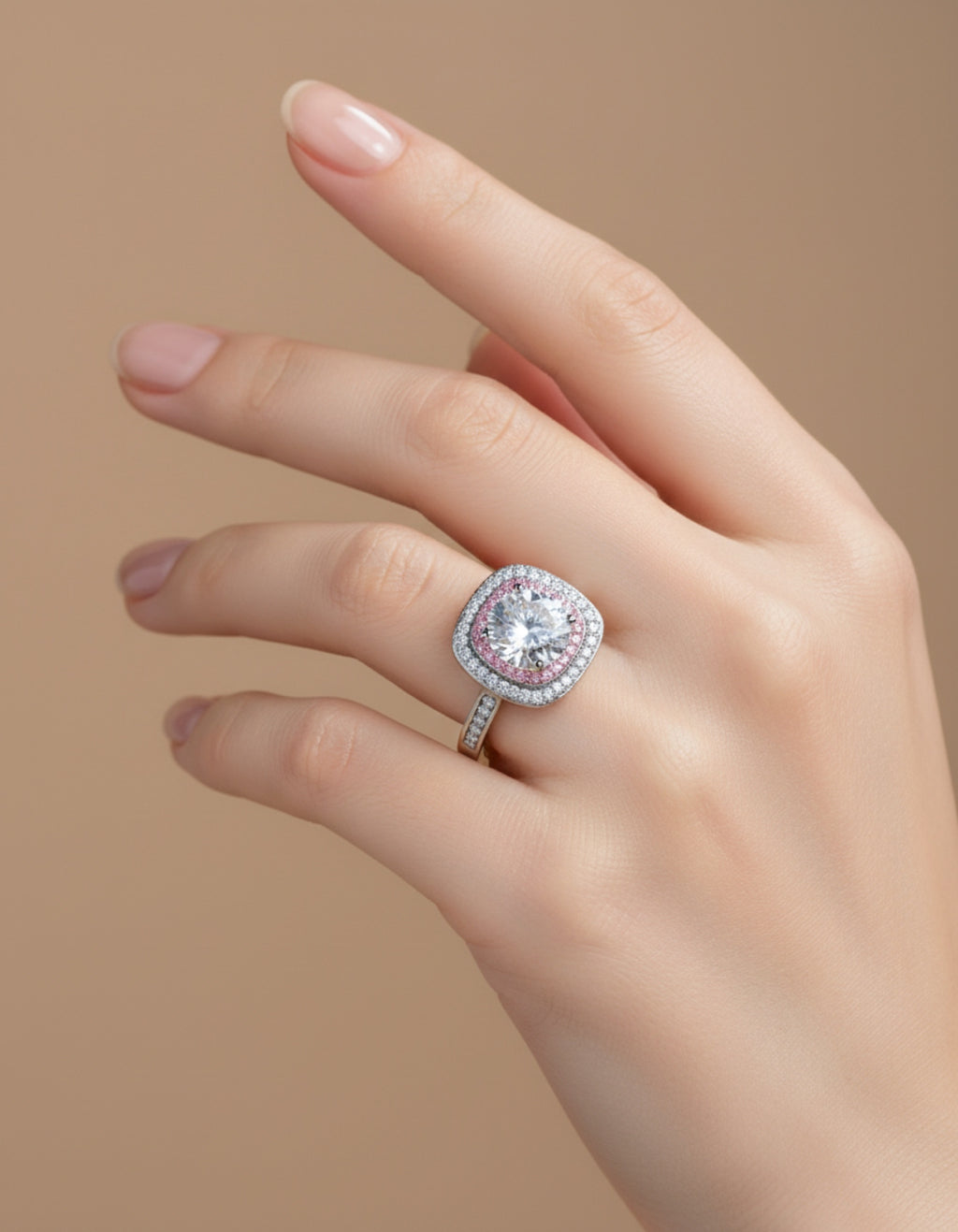 925 Sterling Silver Moissanite Ring with Pink Accent