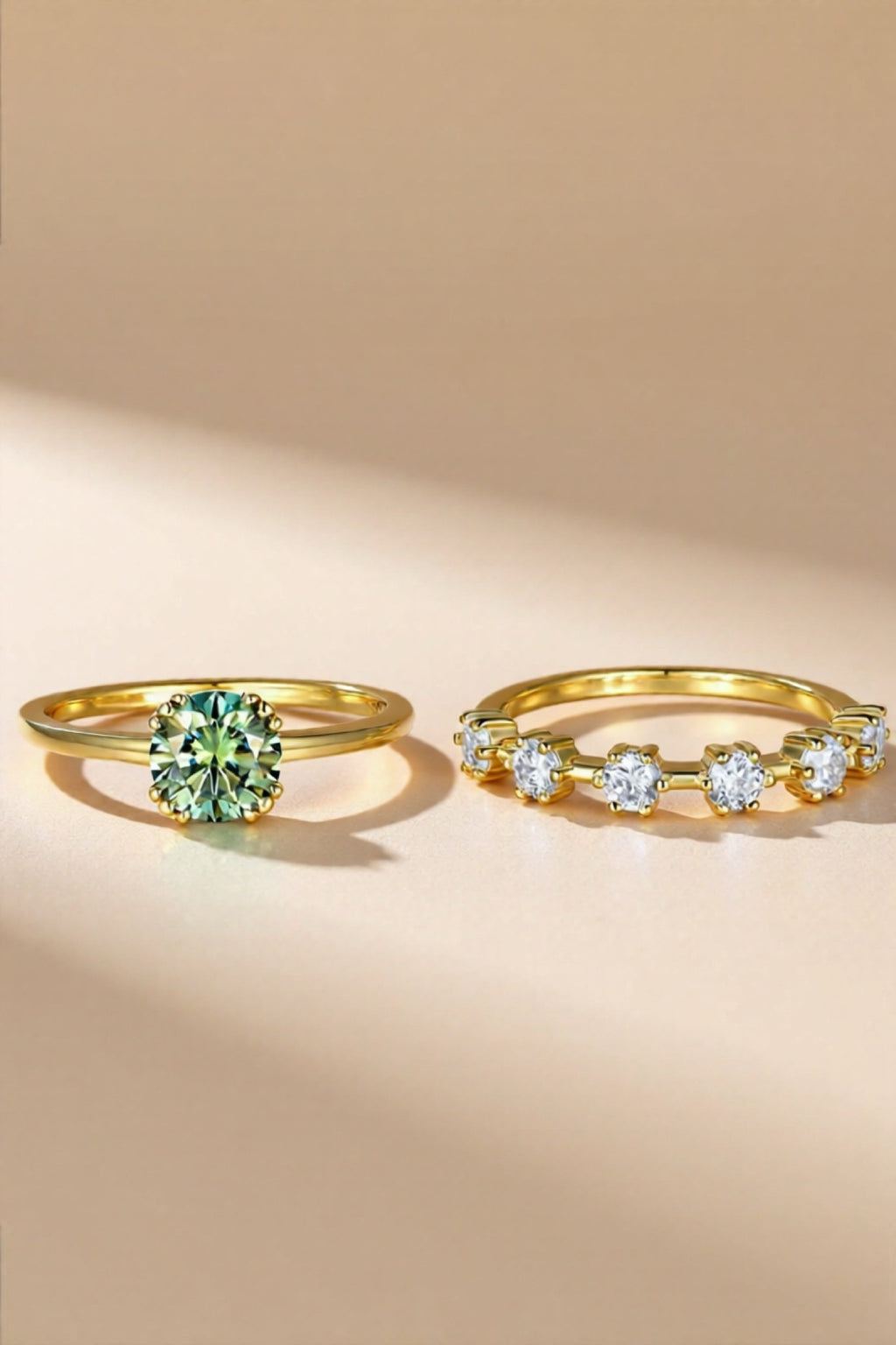 1 Carat Green Moissanite Gold Vermeil 2pcs Ring Set