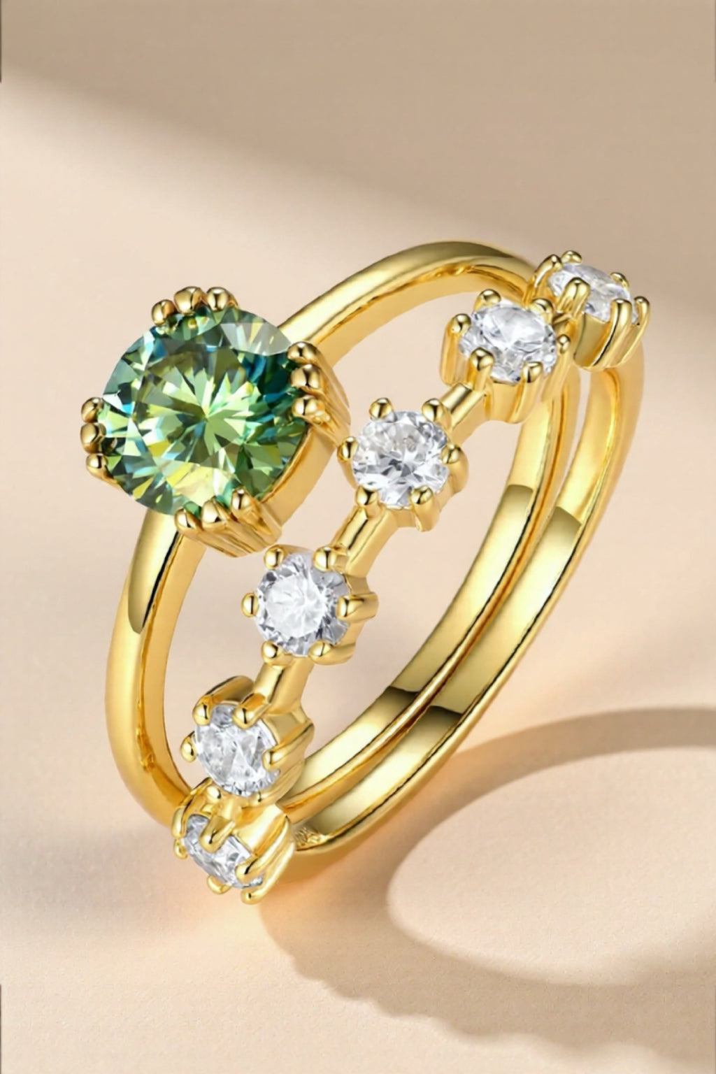 1 Carat Green Moissanite Gold Vermeil 2pcs Ring Set