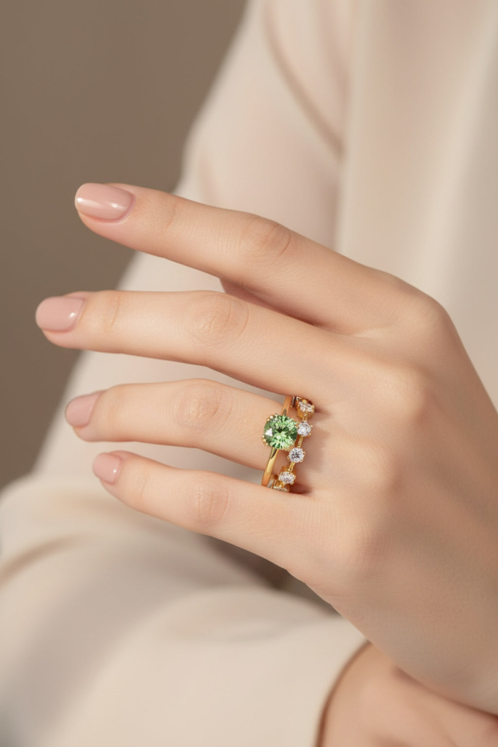 1 Carat Green Moissanite Gold Vermeil 2pcs Ring Set