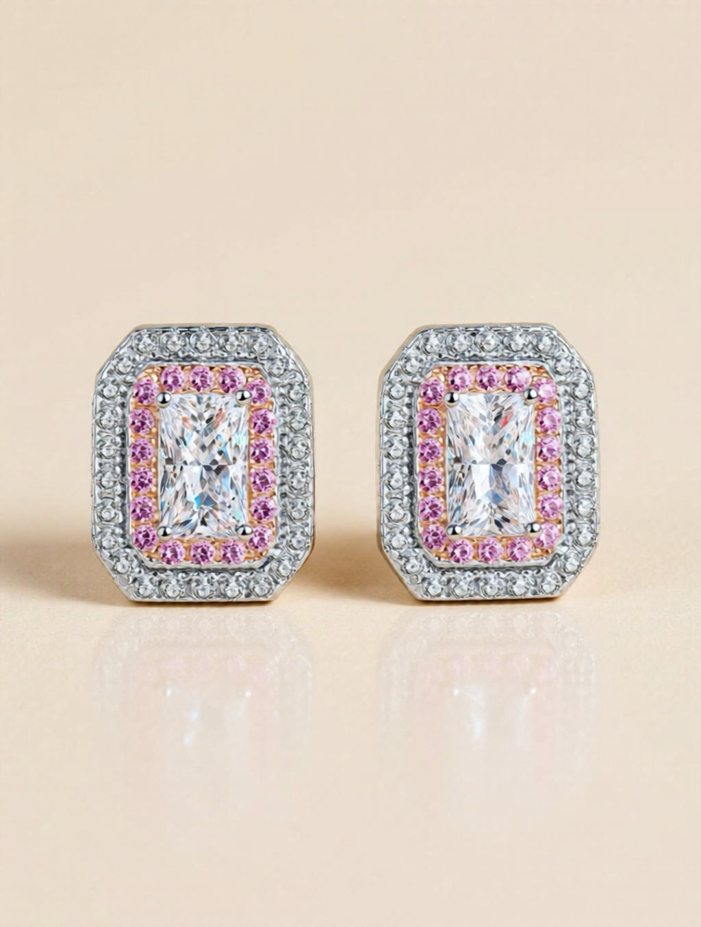 1 Carat Moissanite & CZ Stud Earrings with Pink Accent