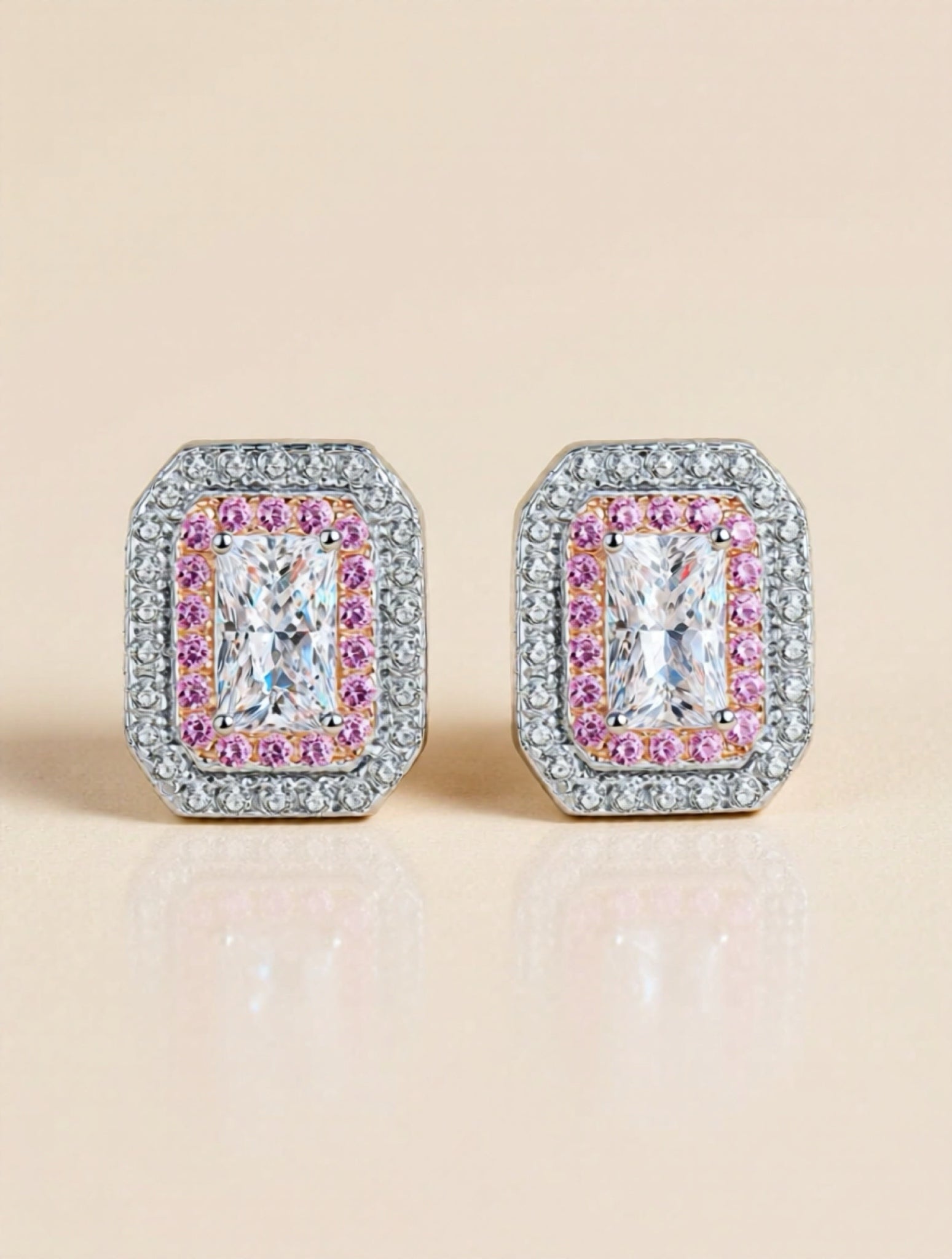 1 Carat Moissanite & CZ Stud Earrings with Pink Accent