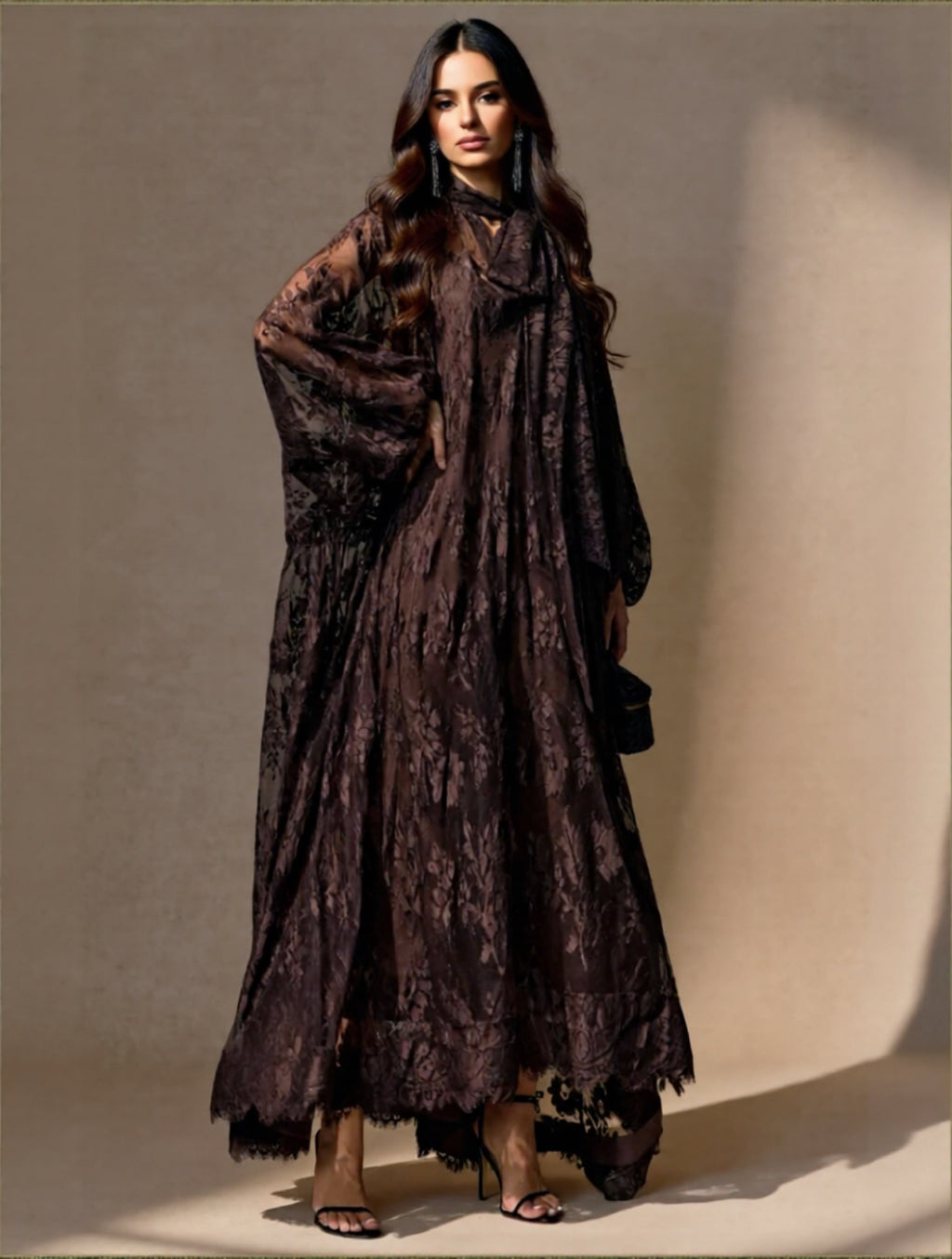 Embroidered Long-Sleeve Lotus Skirt Maxi Dress