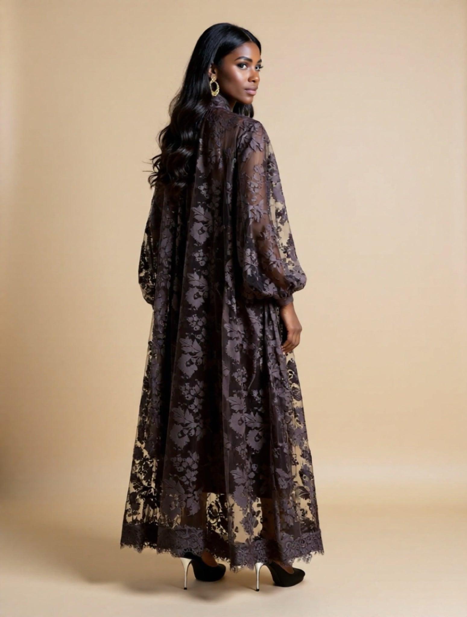 Embroidered Long-Sleeve Lotus Skirt Maxi Dress