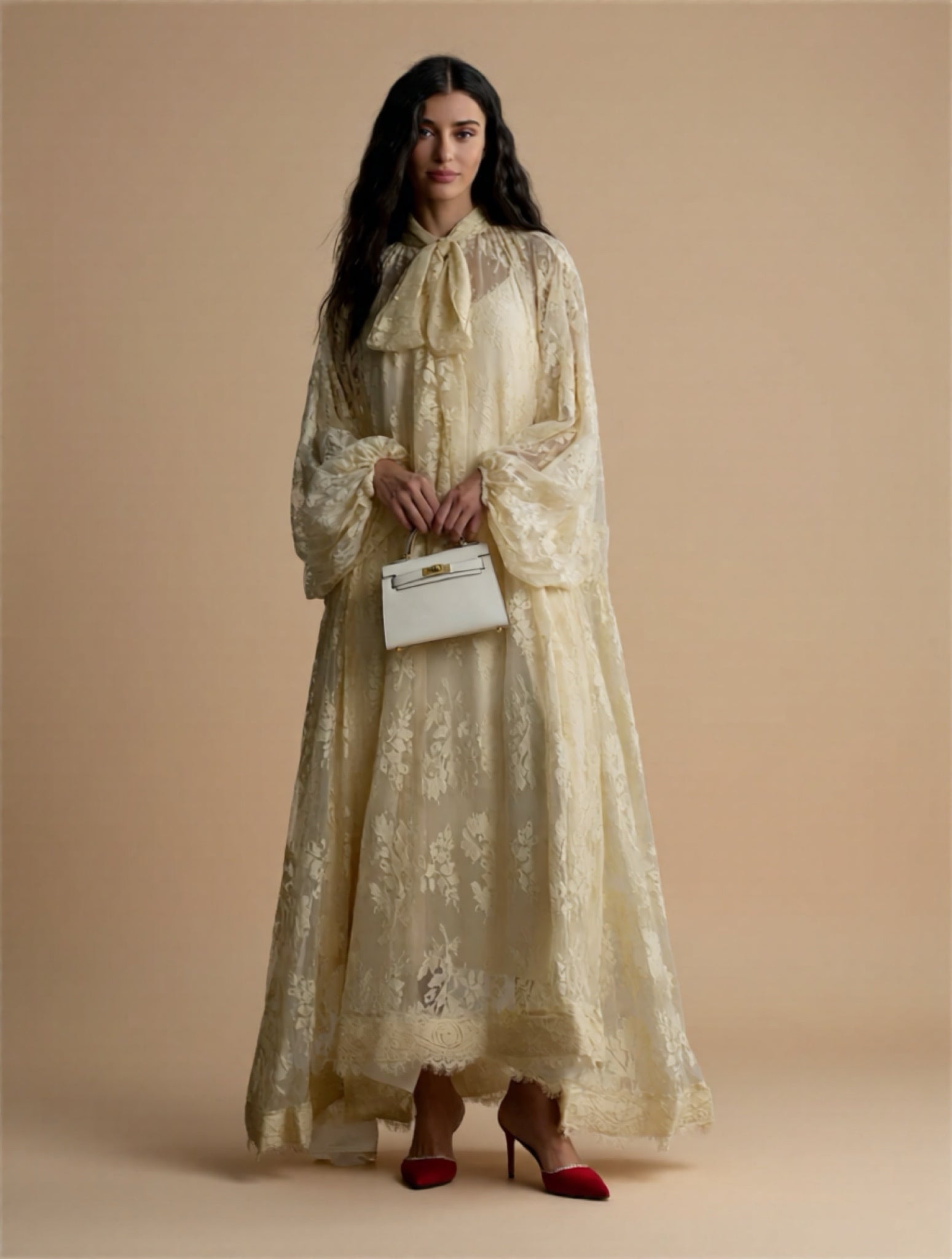 Embroidered Long-Sleeve Lotus Skirt Maxi Dress