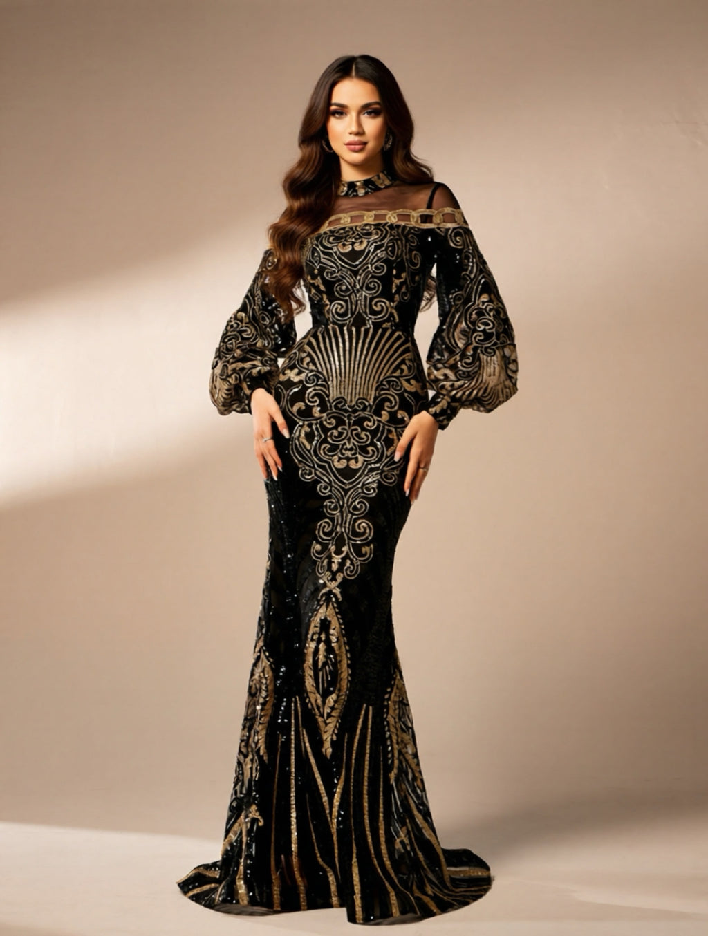 Black Sequin Embroidered Evening Gown