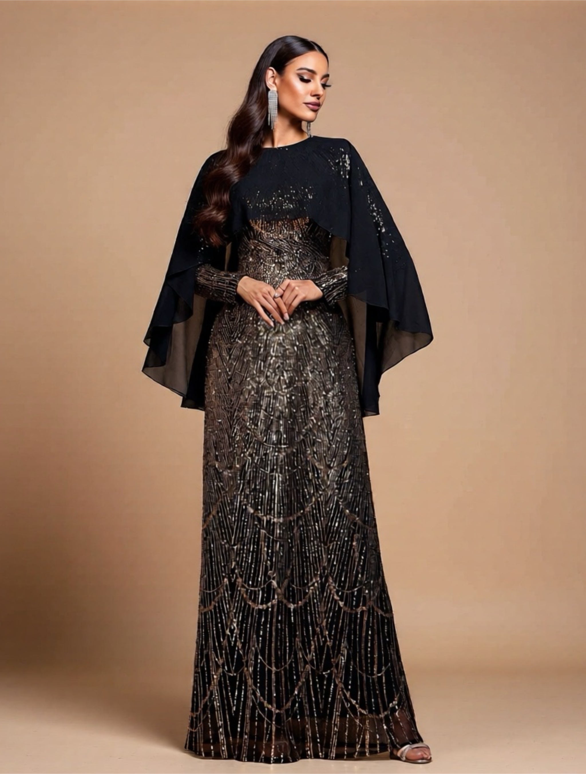 Elegant Black & Gold Sequin Evening Gown
