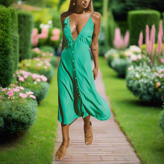Buttoned Plunge Midi Cami Dress