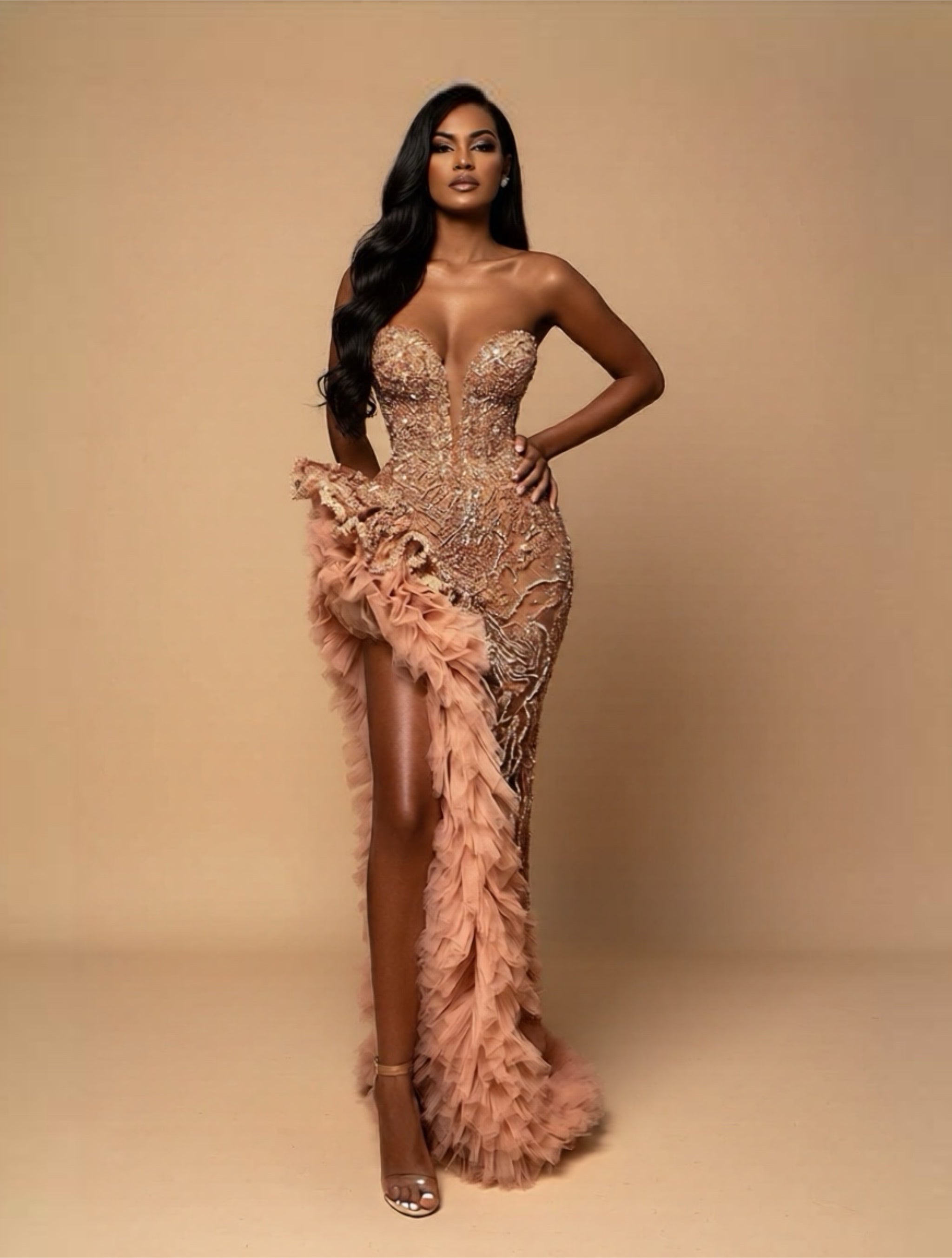 Champagne Embellished Strapless High‑Slit Mermaid Gown