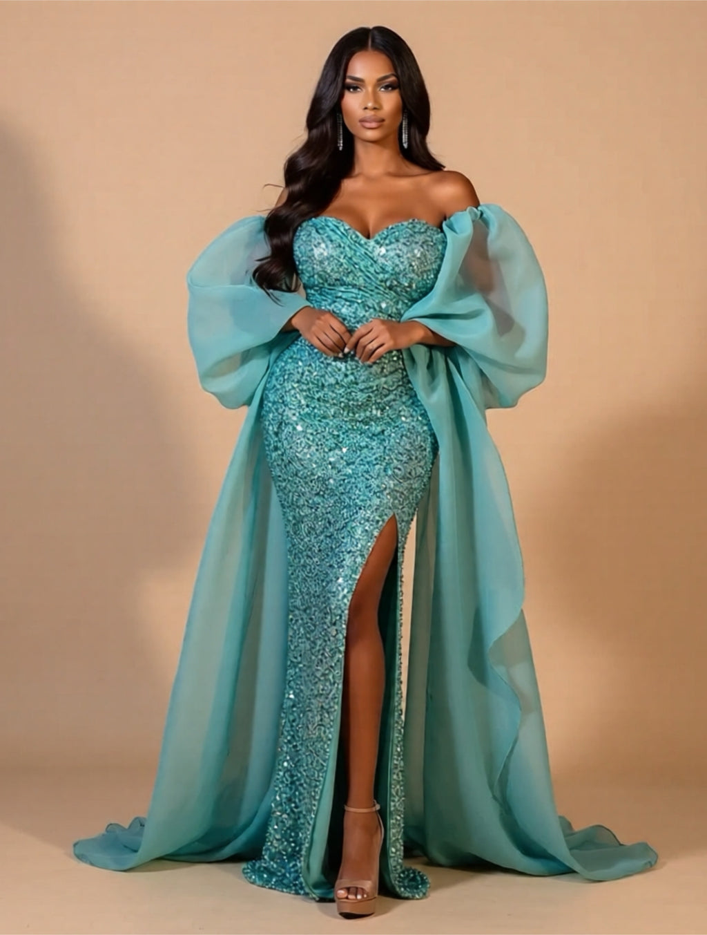 Aqua Organza Sequin Evening Gown