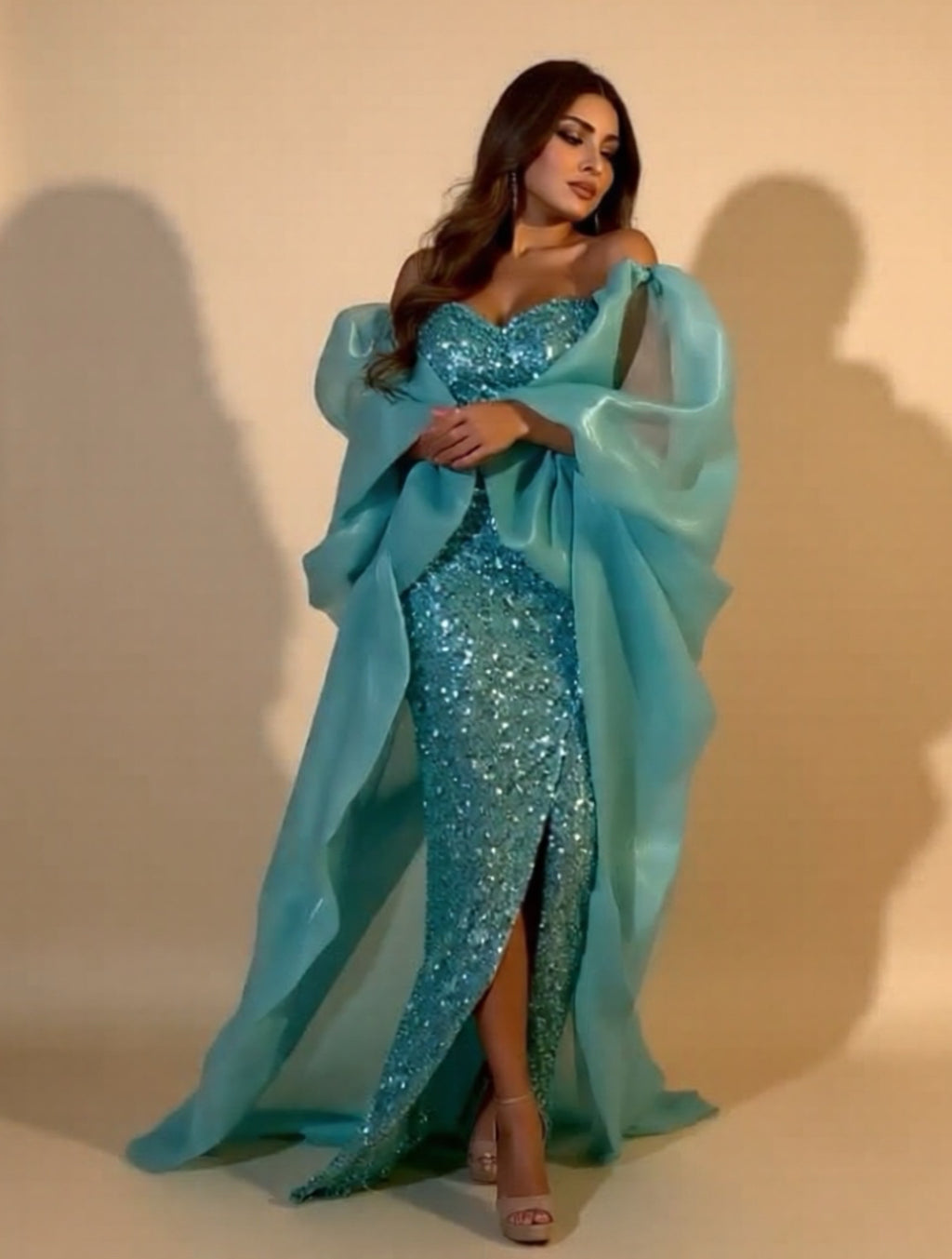 Aqua Organza Sequin Evening Gown
