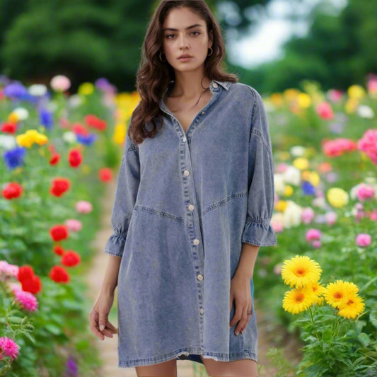 Distressed Collared Neck Flounce Sleeve Denim Dress