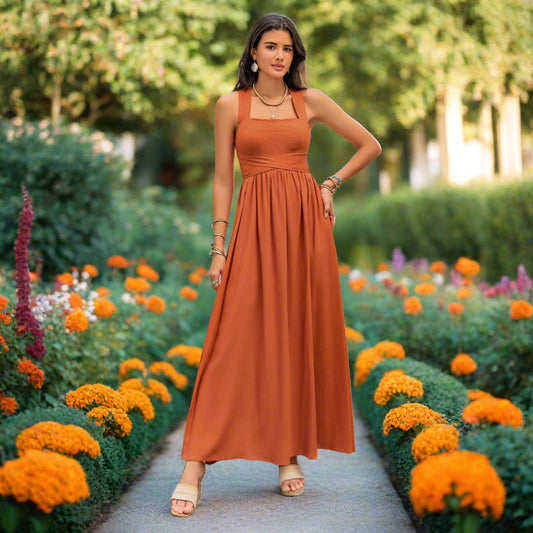 Crisscross Back Smocked Square Neck Maxi Dress