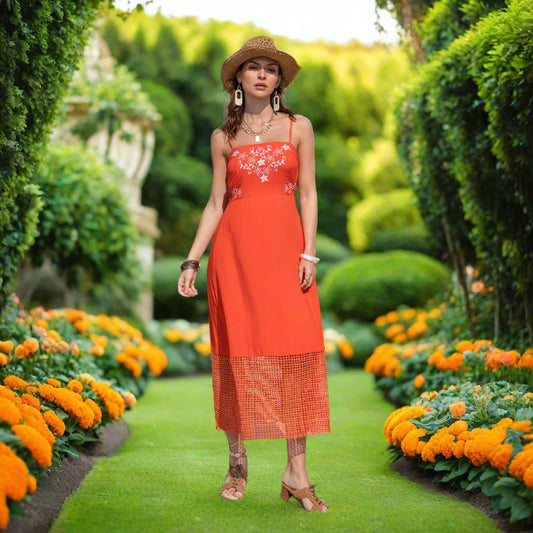 Embroidered Square Neck Midi Dress