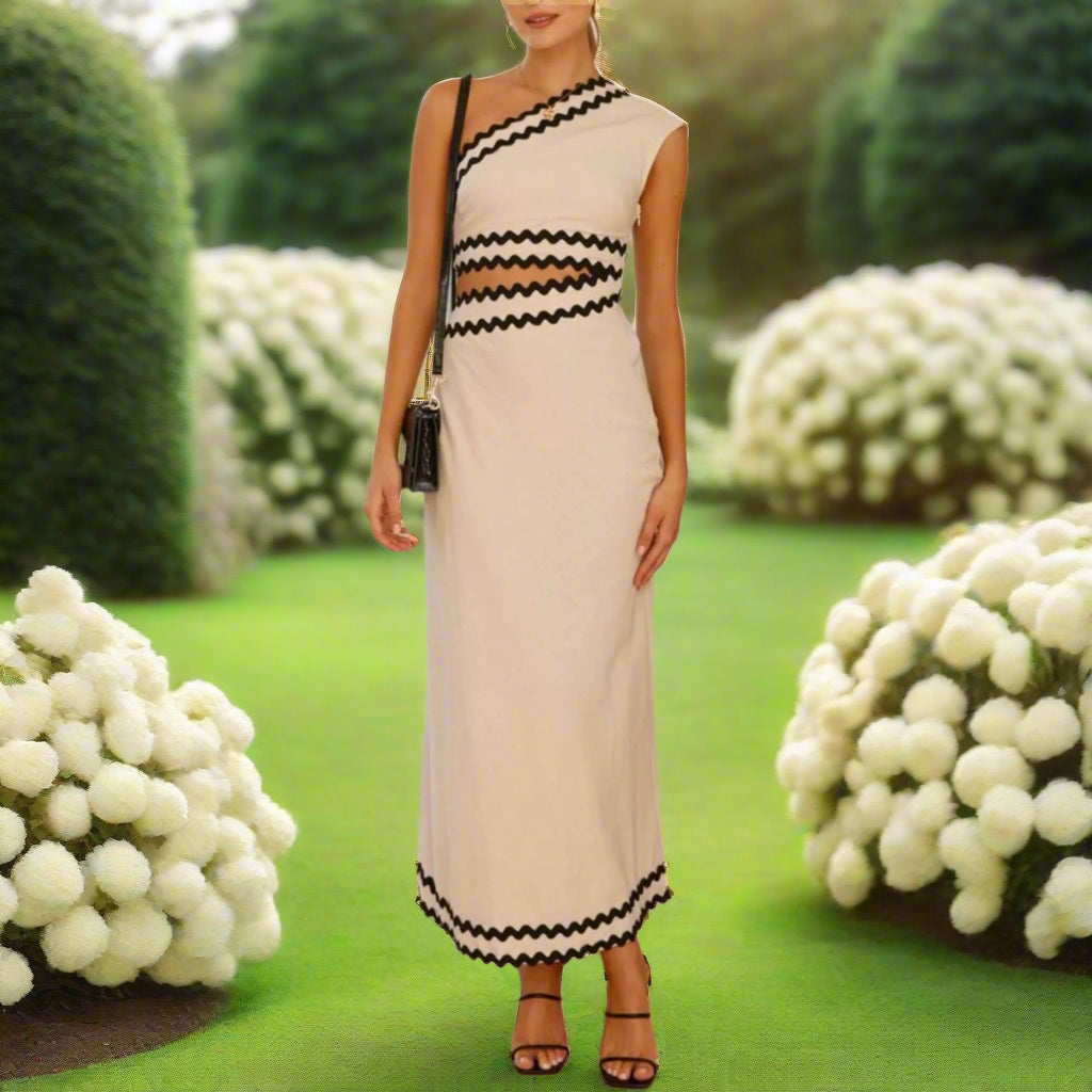 Cutout Contrast Trim One Shoulder Dress