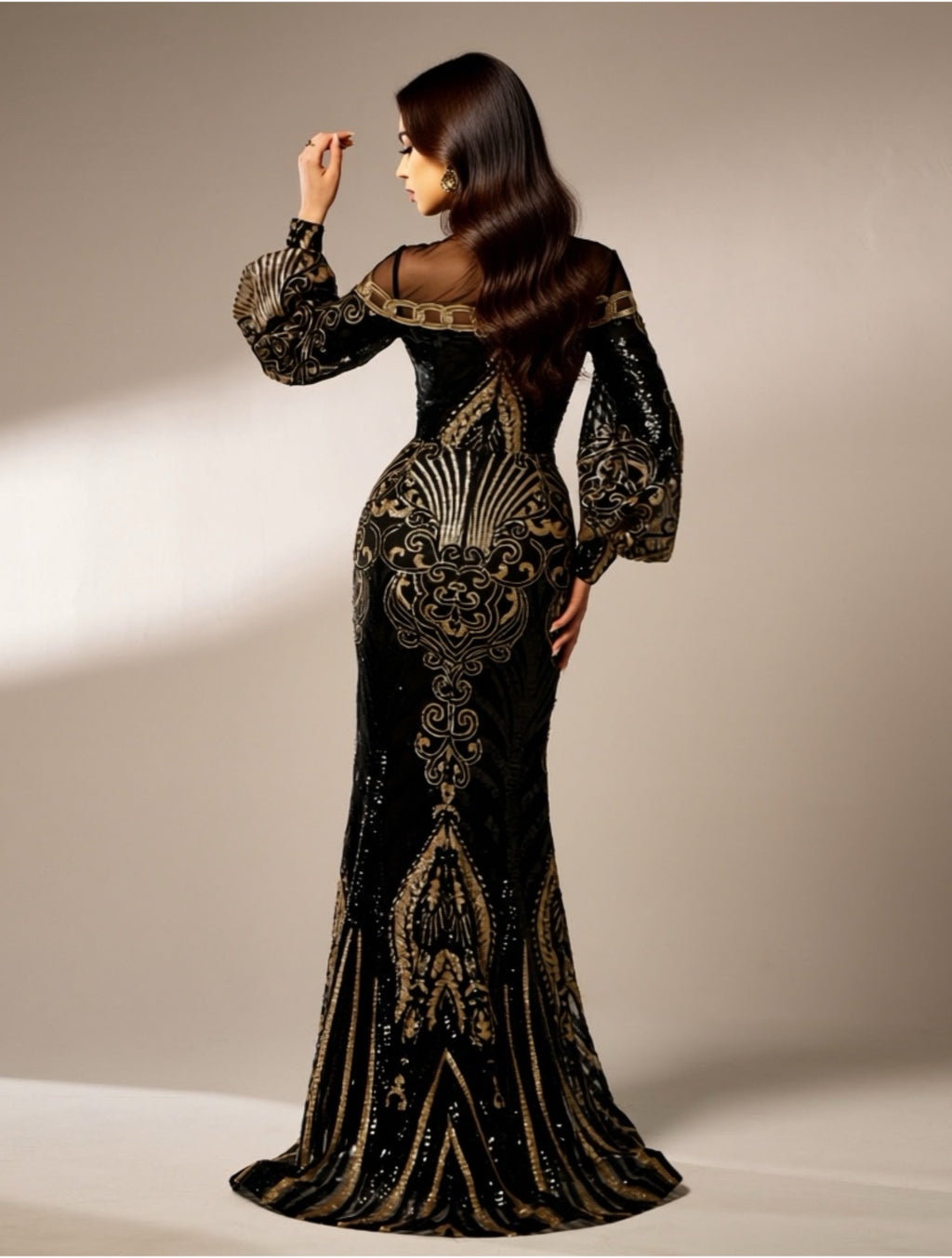 Black Sequin Embroidered Evening Gown