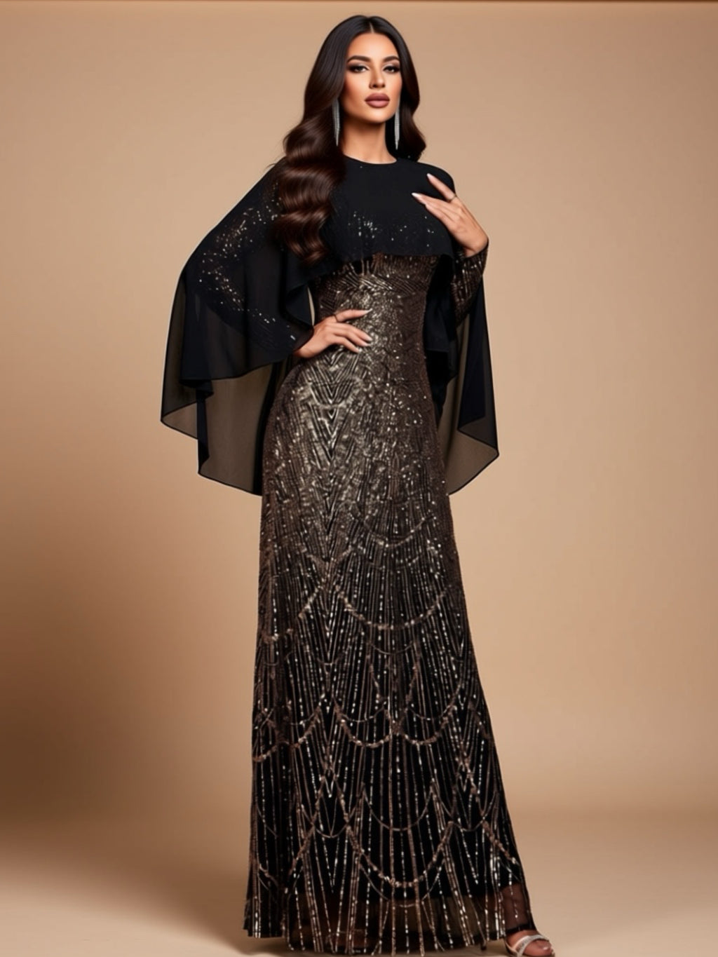 Elegant Black & Gold Sequin Evening Gown