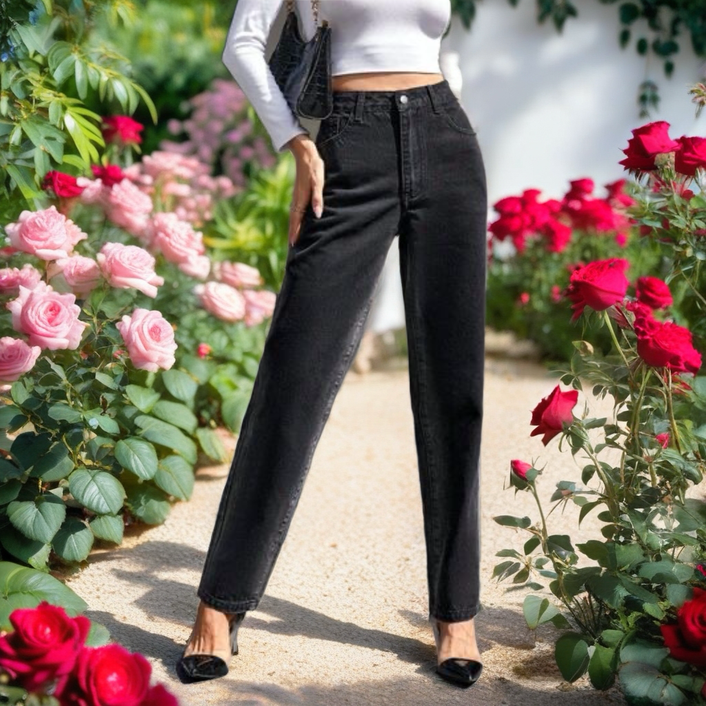 Black Straight Leg Denim Jeans with Pockets