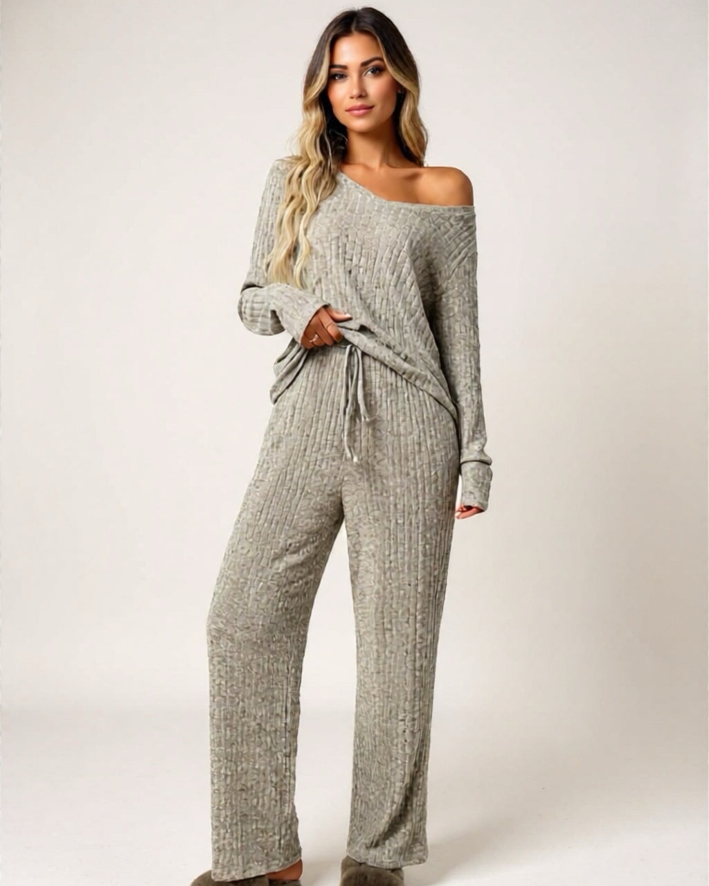 Ribbed Long Sleeve Top & Pants Lounge Set