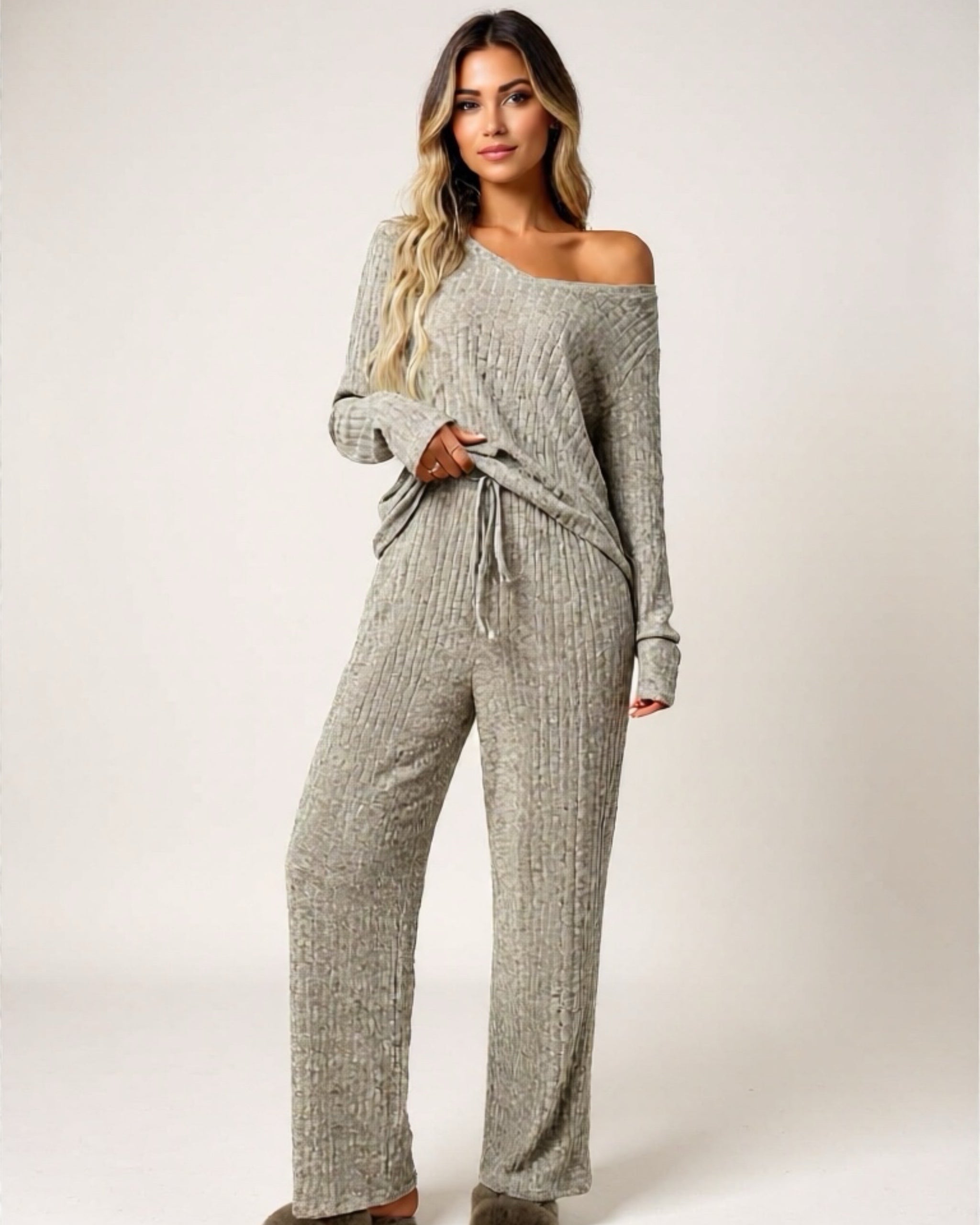Ribbed Long Sleeve Top & Pants Lounge Set