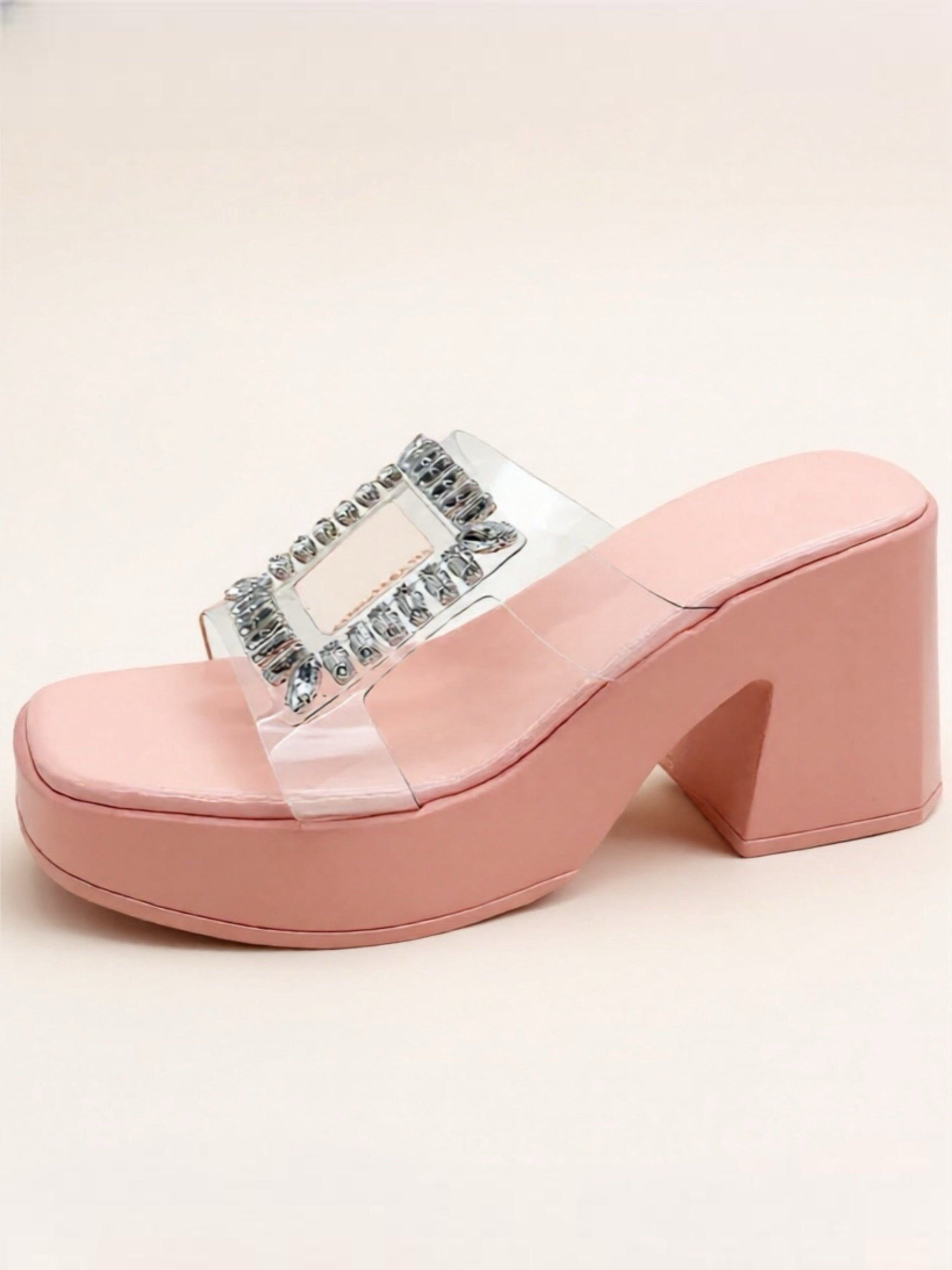 Rhinestone Open Toe Block Heels Sandals