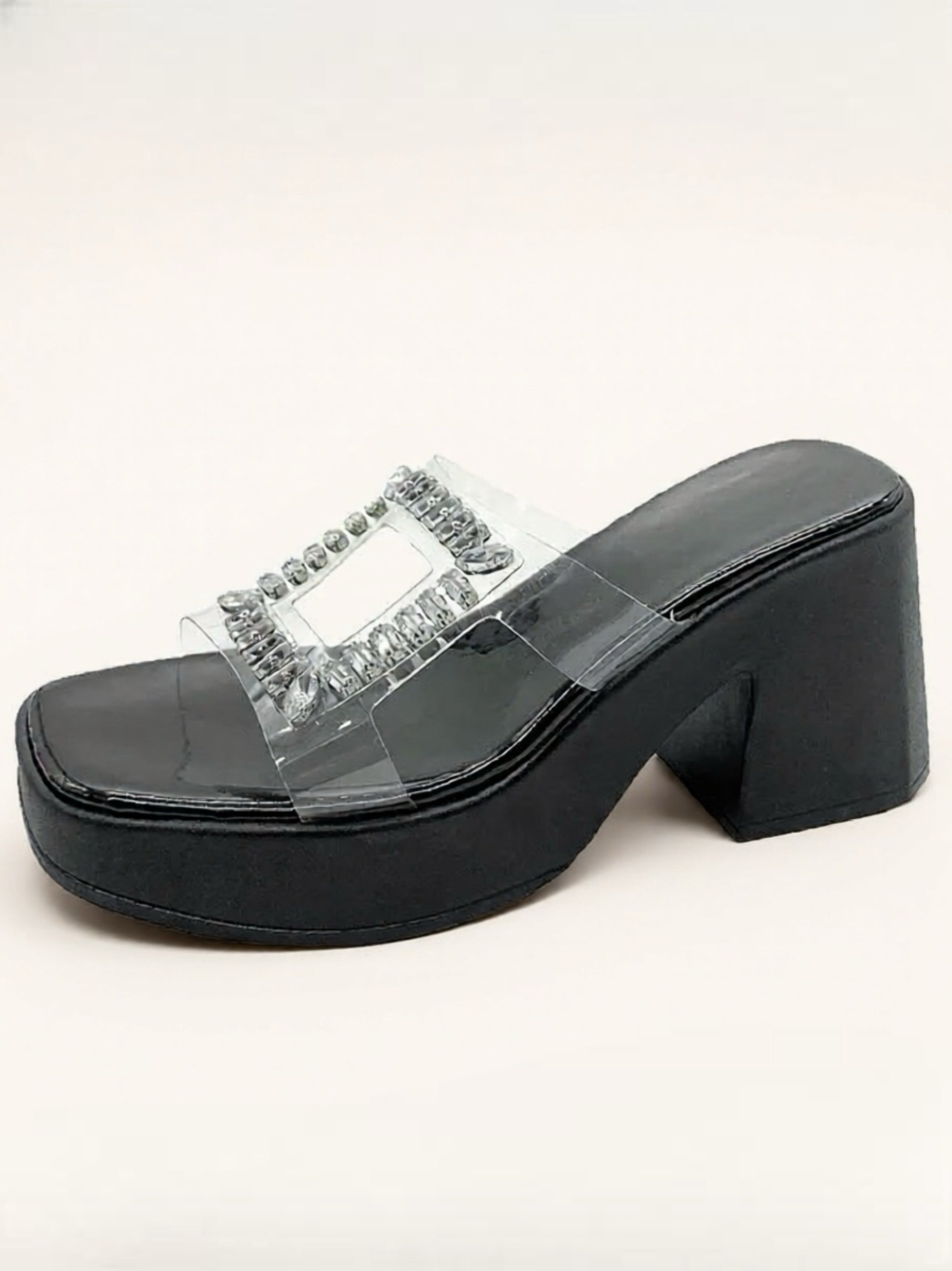 Rhinestone Open Toe Block Heels Sandals