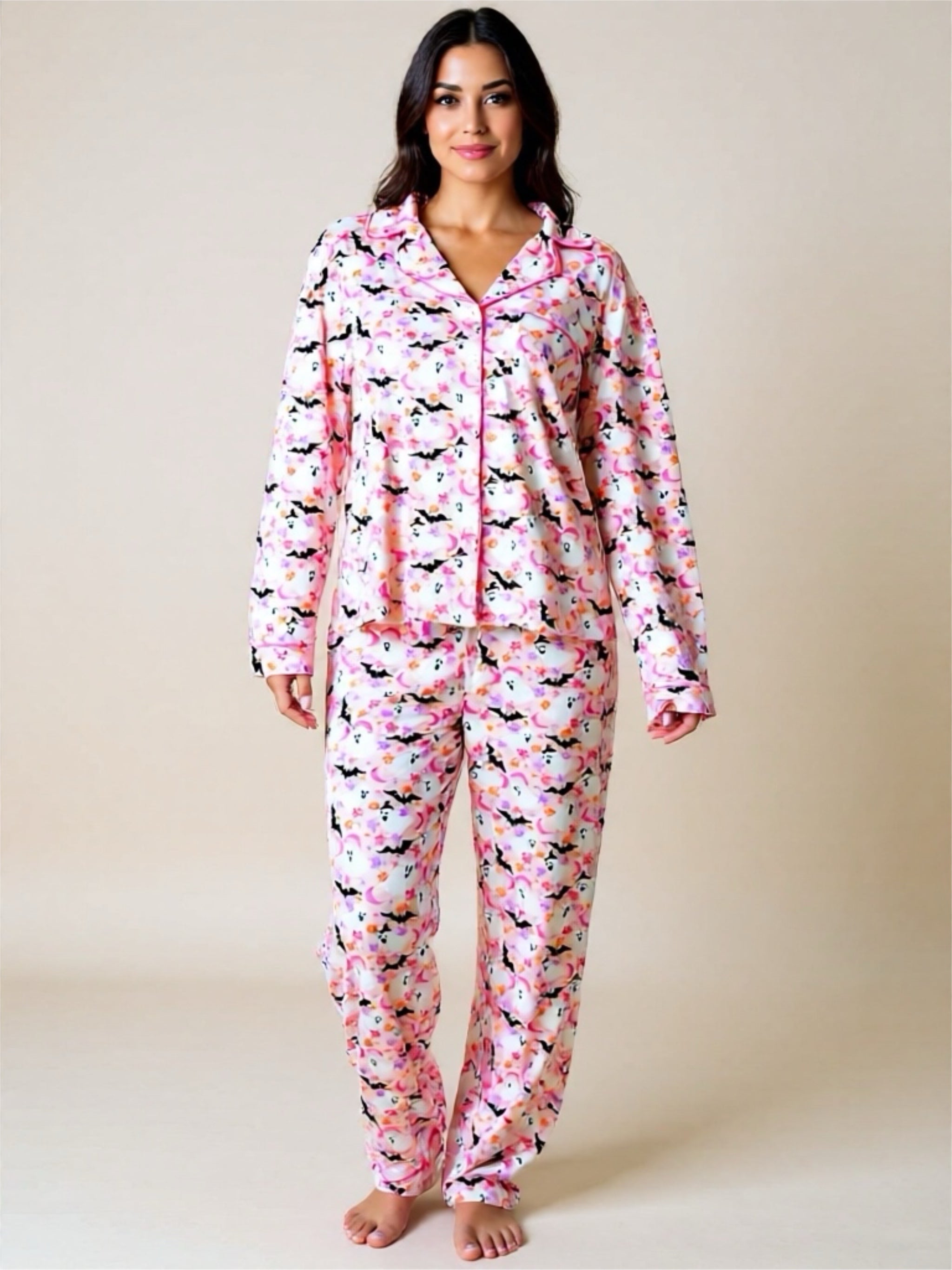 Halloween Ghost Print Button Up Top & Pants Pajama Set
