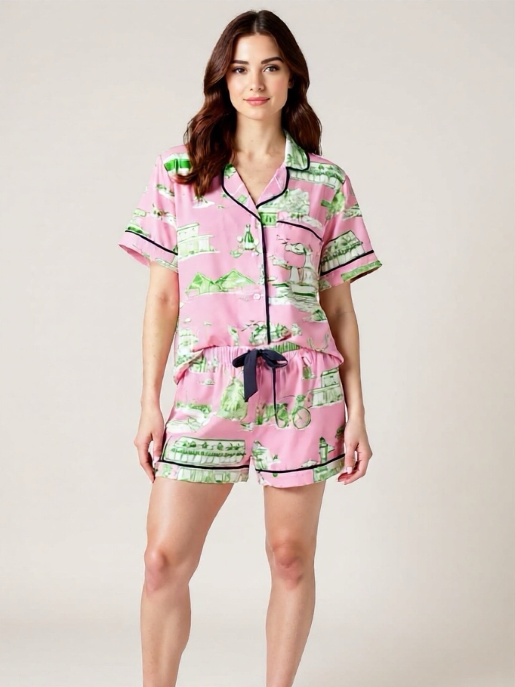 Collared Neck Printed Top & Shorts Pajama Set
