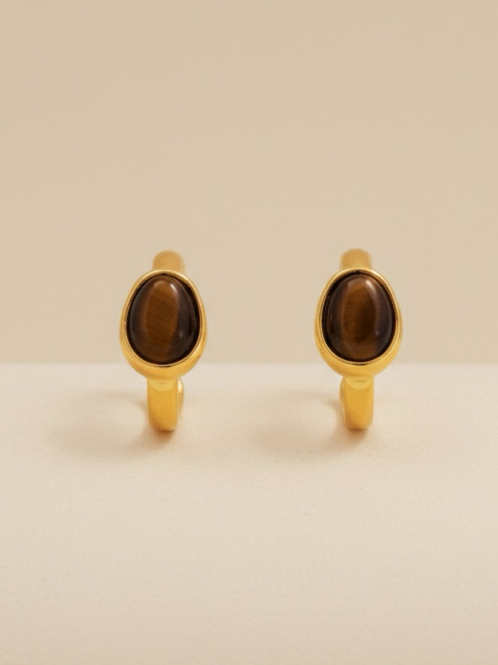 Stainless Steel Natural Tiger's Eye C-Hoop Earrings