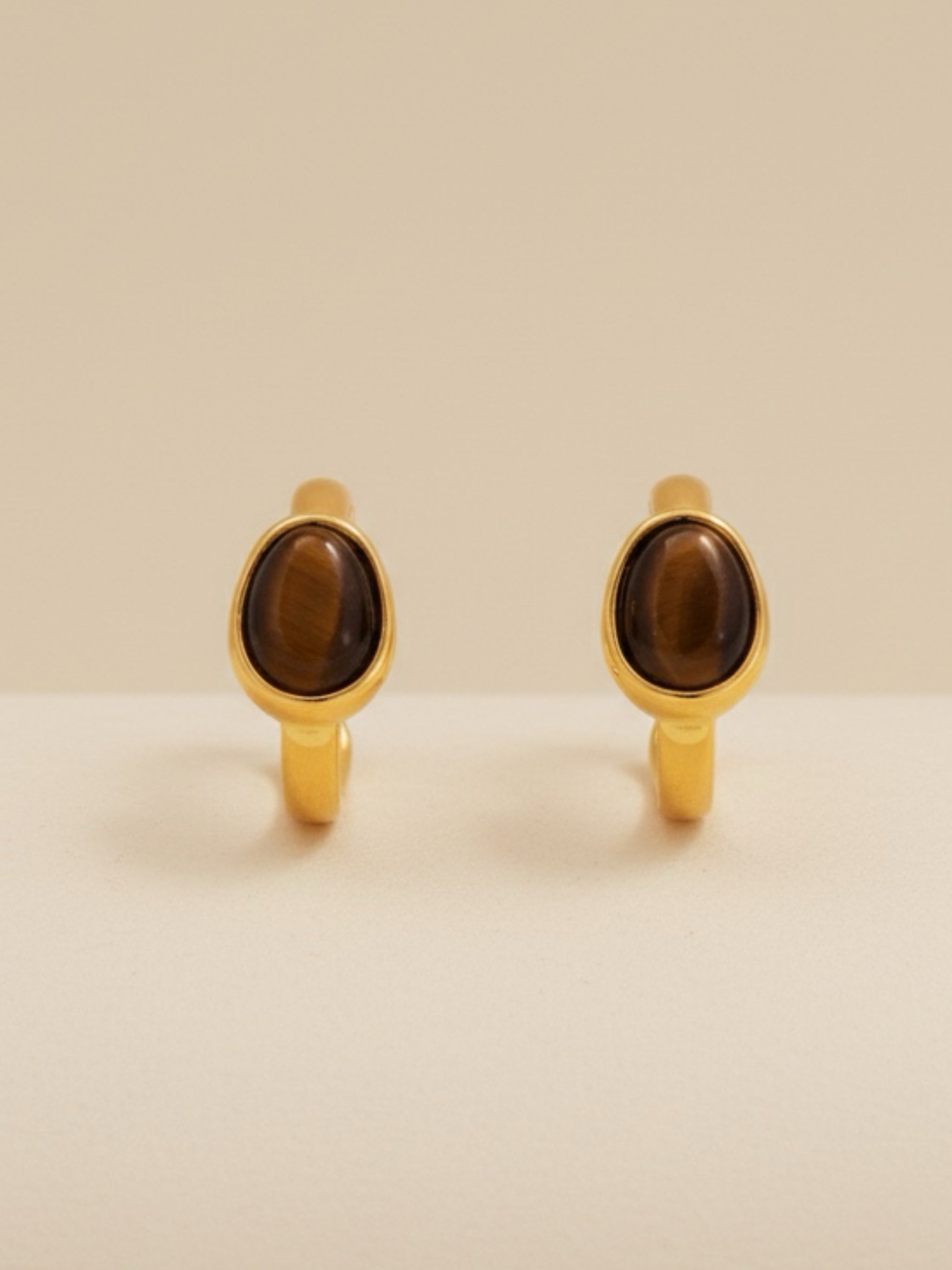Stainless Steel Natural Tiger's Eye C-Hoop Earrings