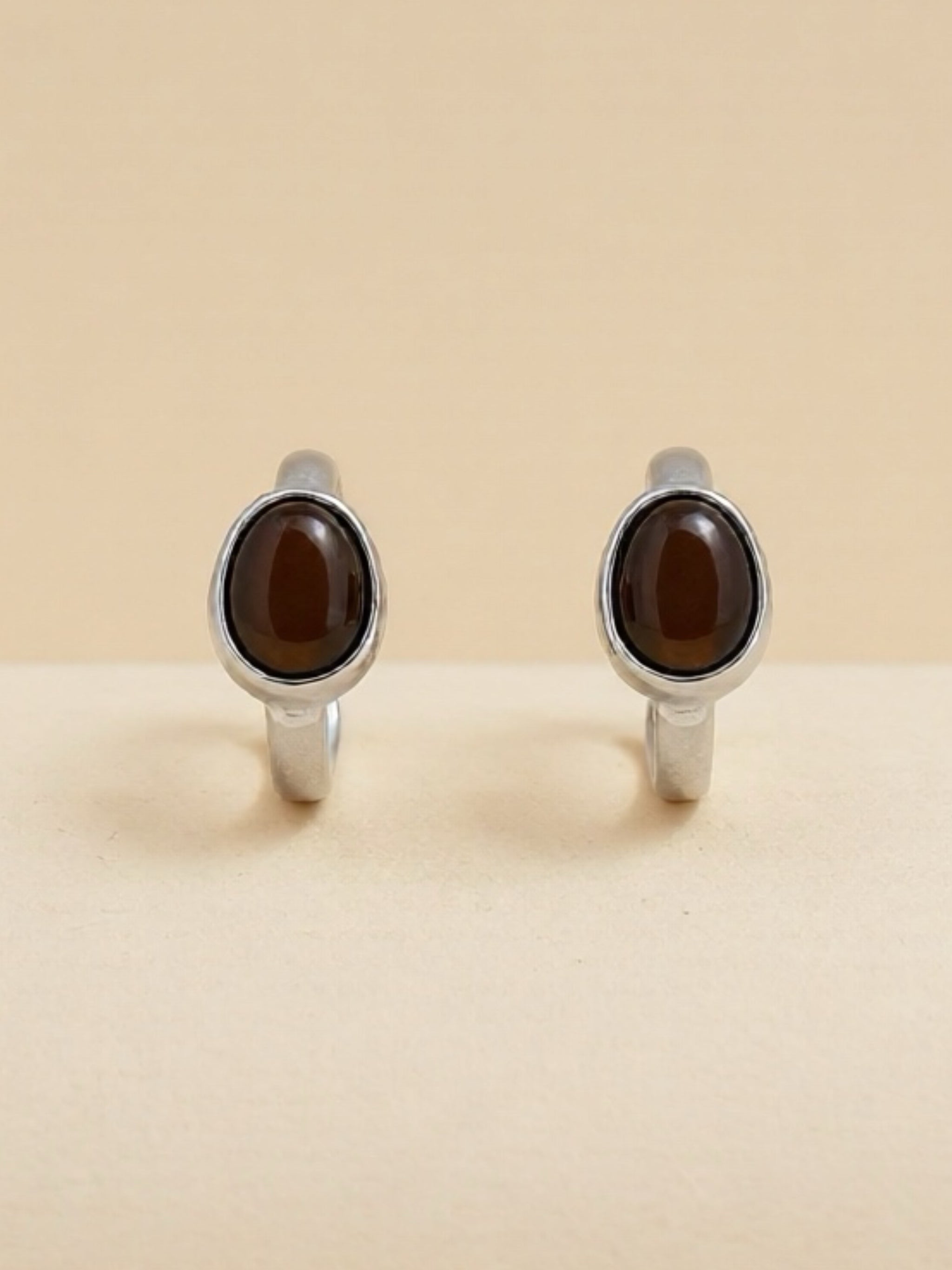 Stainless Steel Natural Tiger's Eye C-Hoop Earrings
