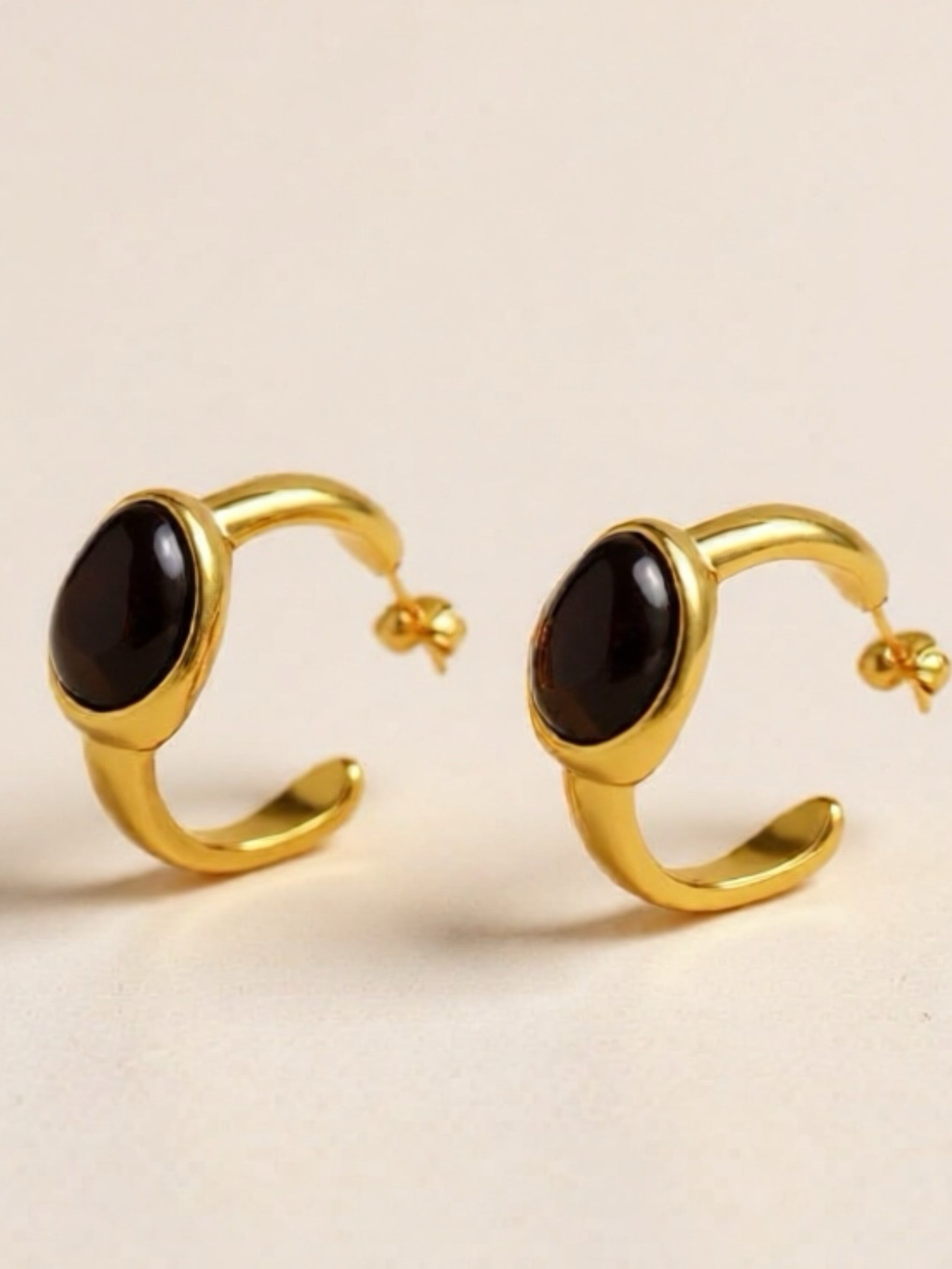 Stainless Steel Natural Tiger's Eye C-Hoop Earrings