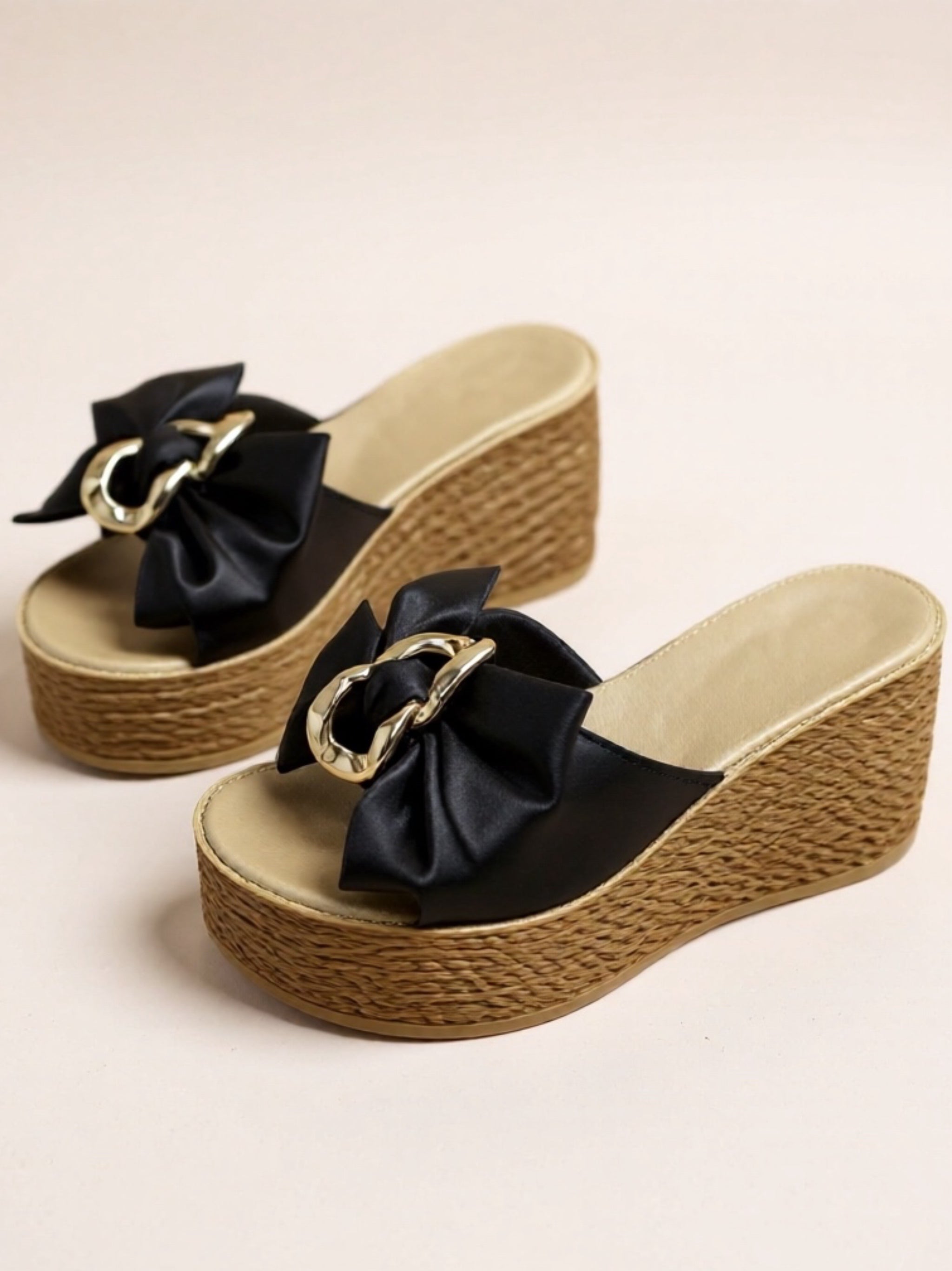 Black Bow Wedge Sandals