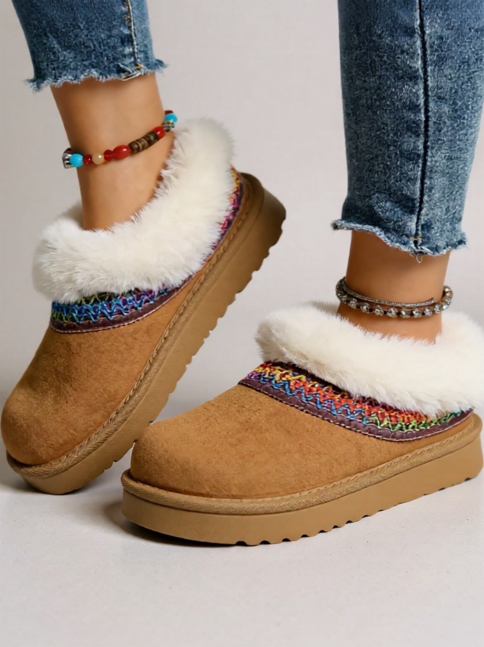 Fur-Lined Boots with Woven Strap