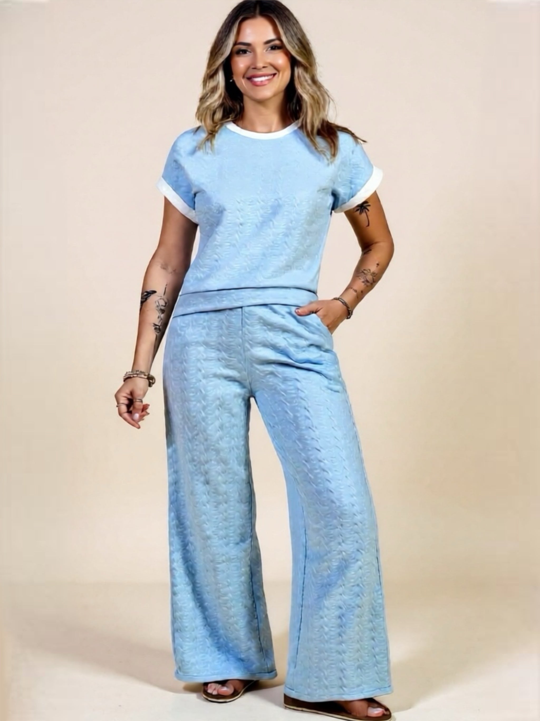 Textured Contrast Edge Top & High Waist Pants Set