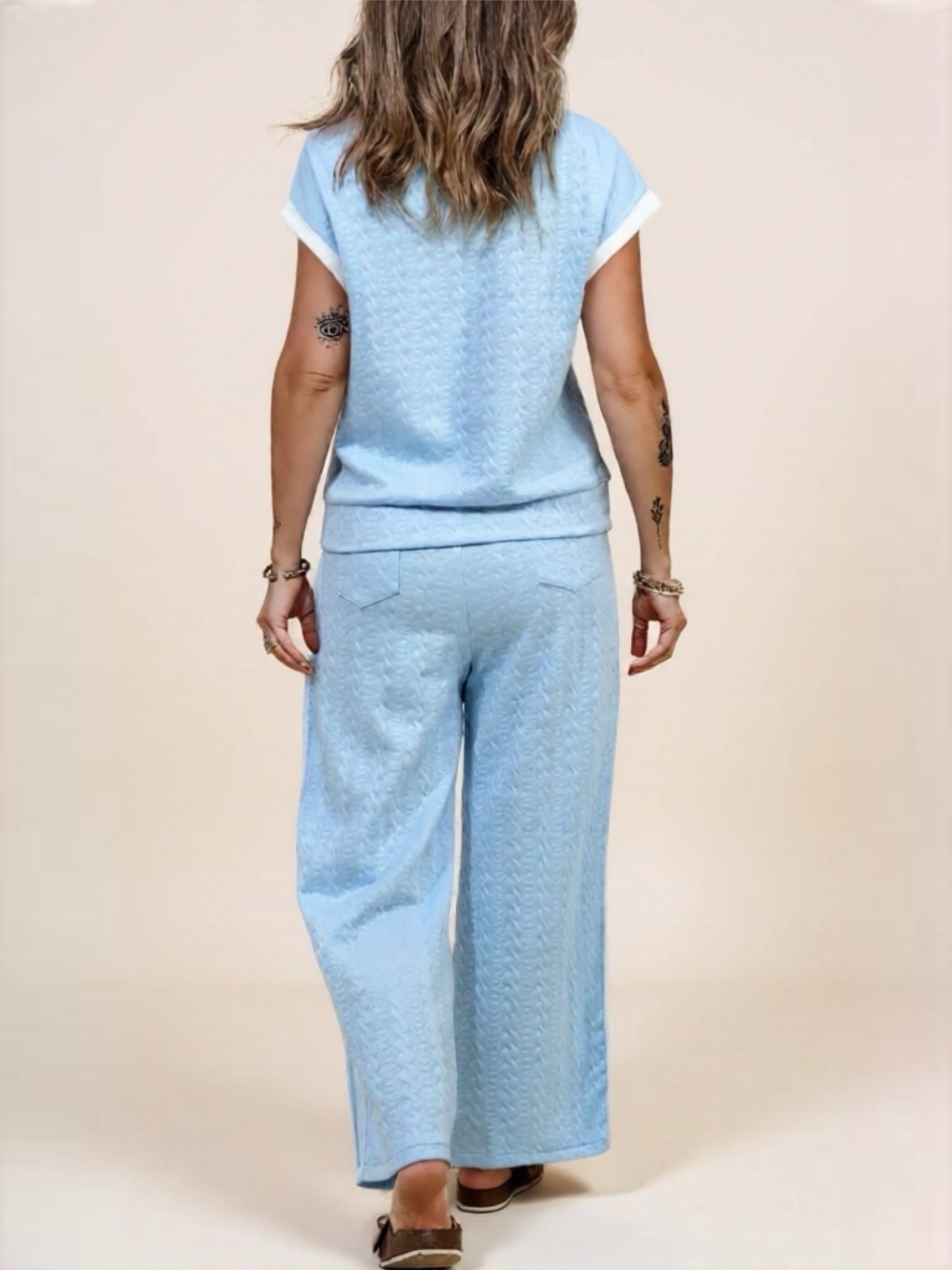 Textured Contrast Edge Top & High Waist Pants Set