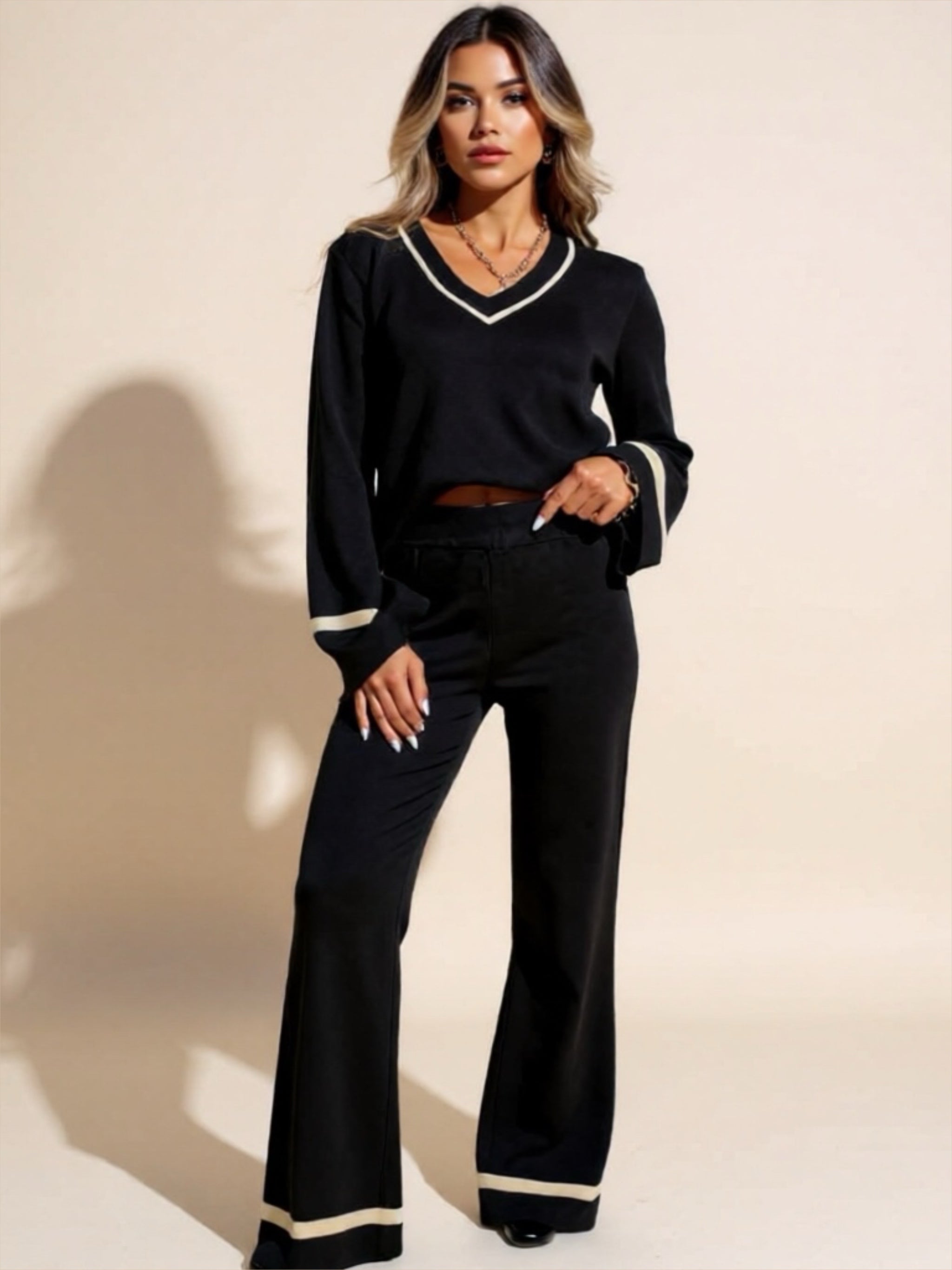V-Neck Long Sleeve Top & Pants Set