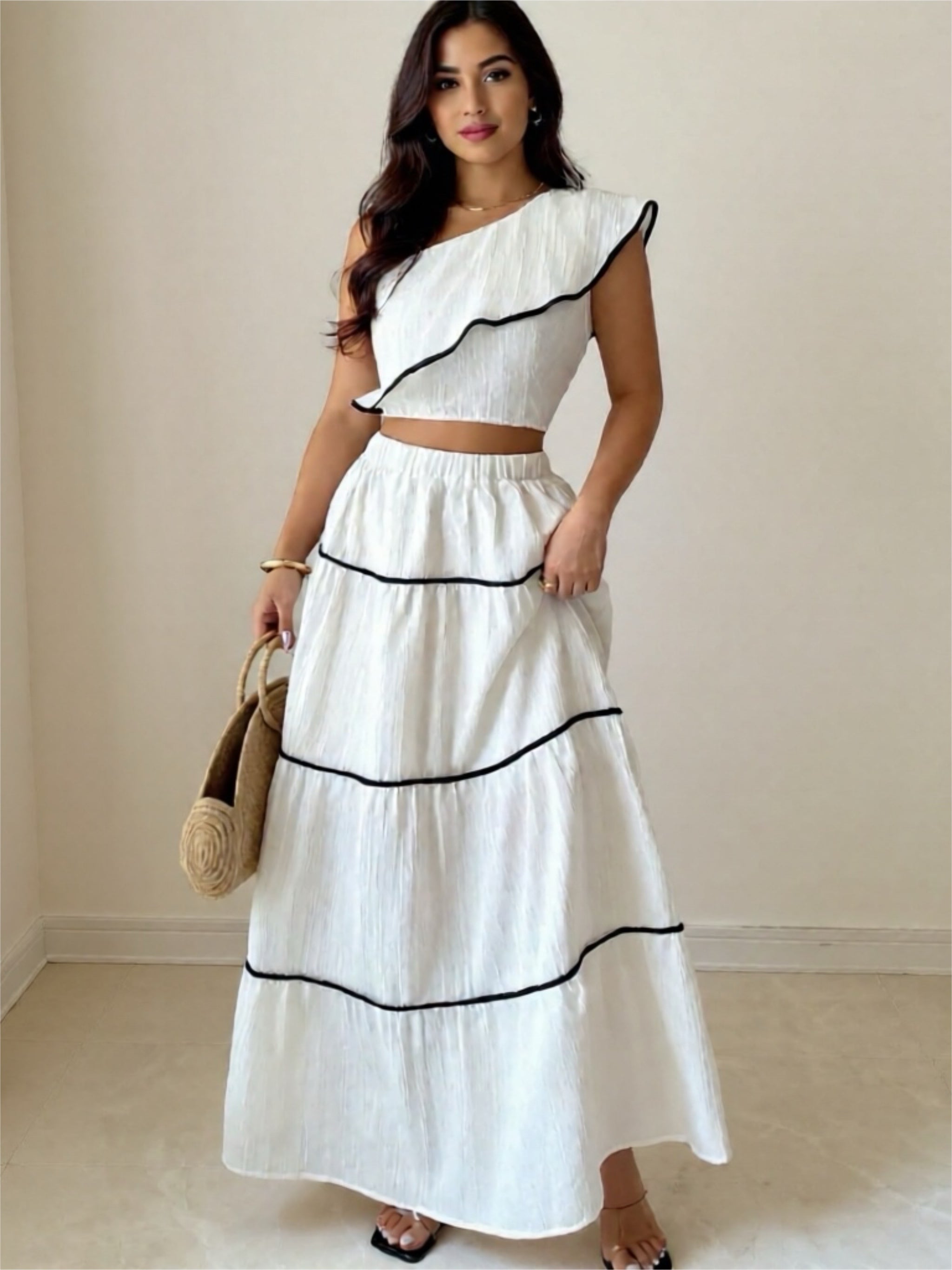 One-Shoulder Ruffle Top & Skirt Two-Piece Set