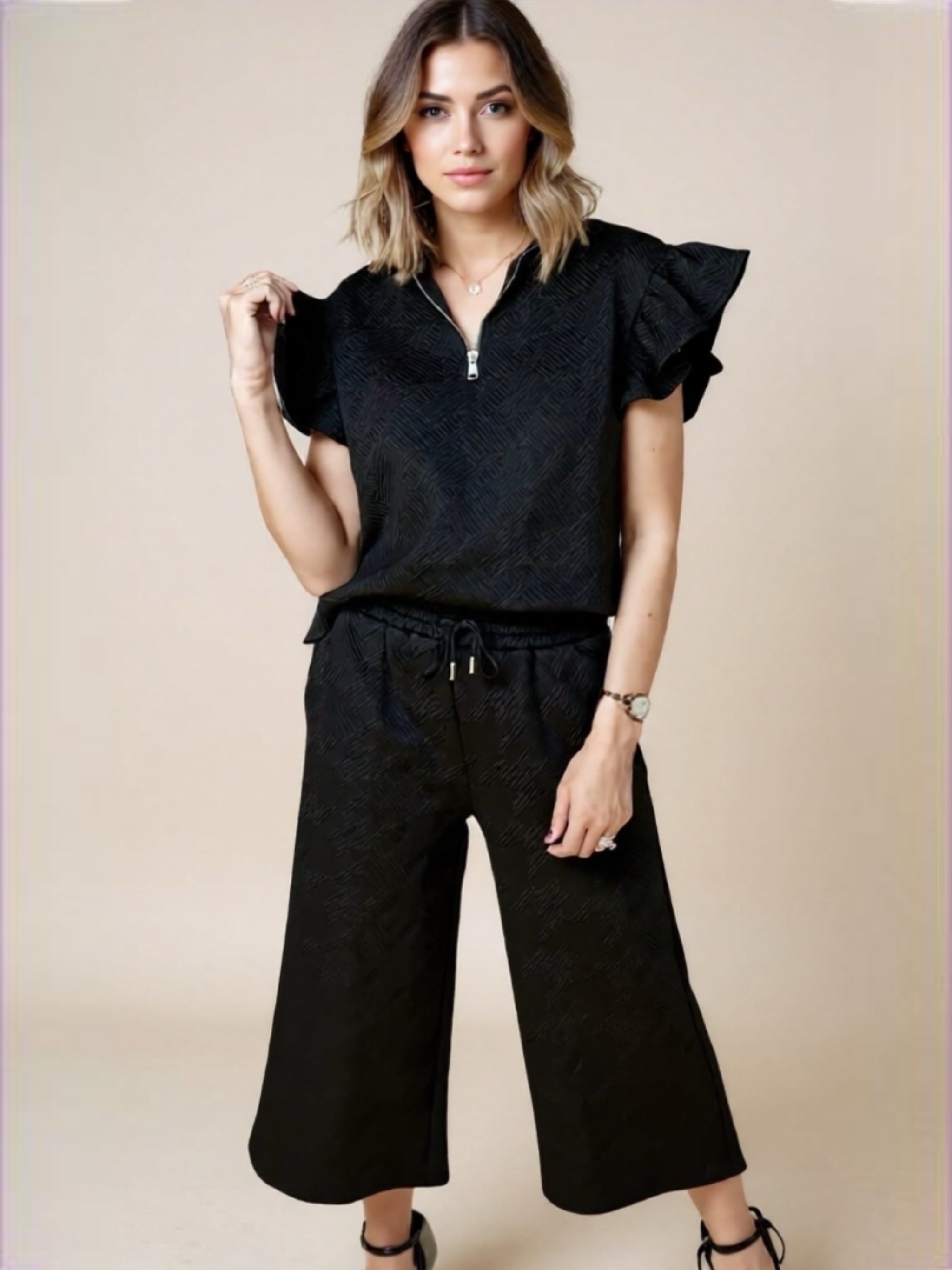 Ruffled Quarter Zip Top & Drawstring Pants Set