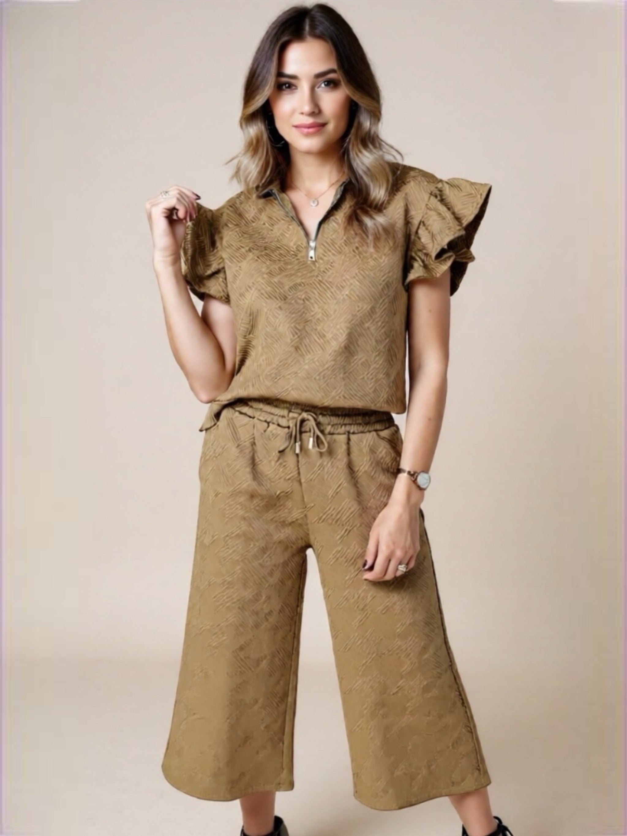 Ruffled Quarter Zip Top & Drawstring Pants Set