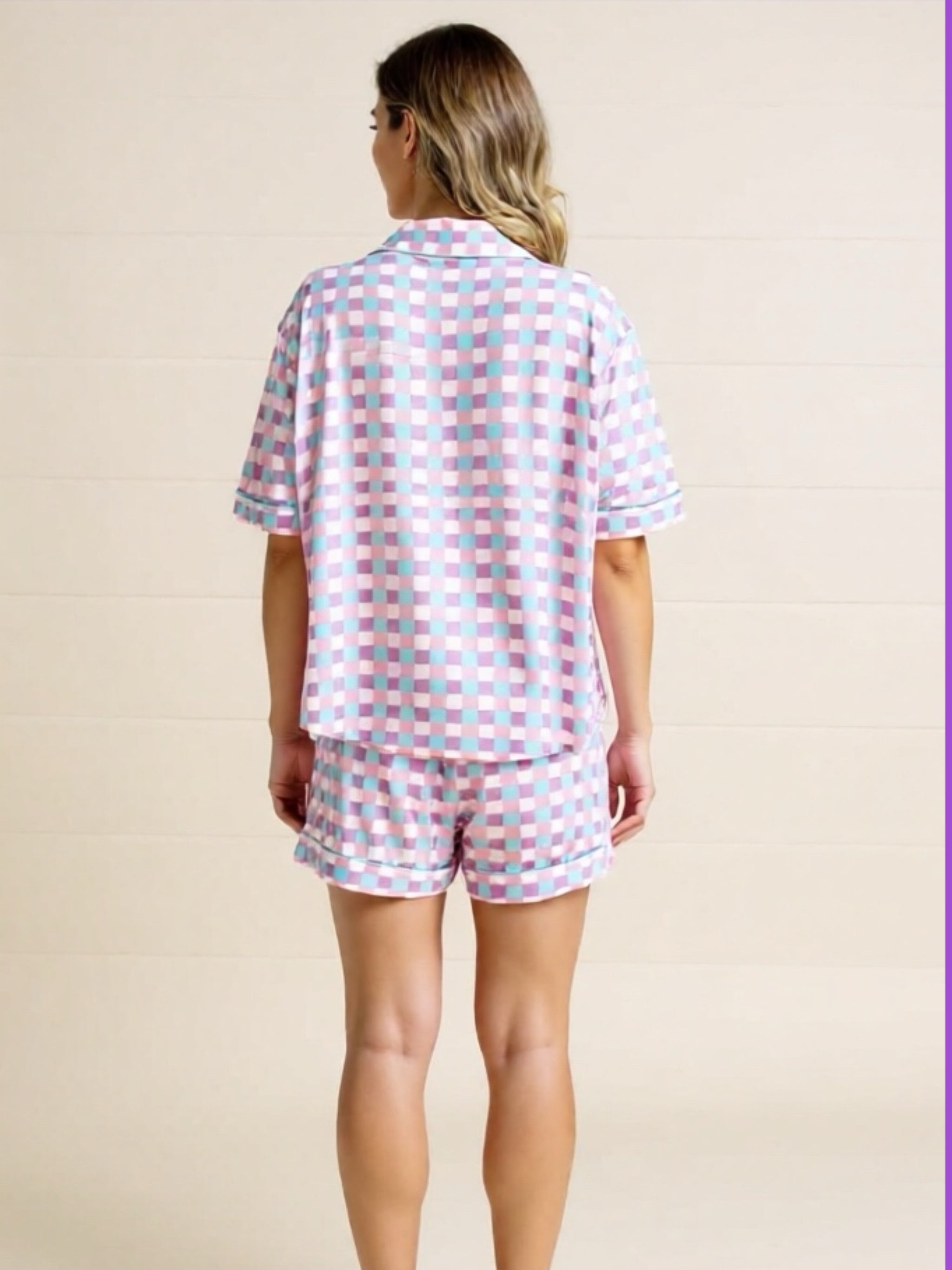 Plaid Collared Neck Short Sleeve Top & Shorts Pajama Set