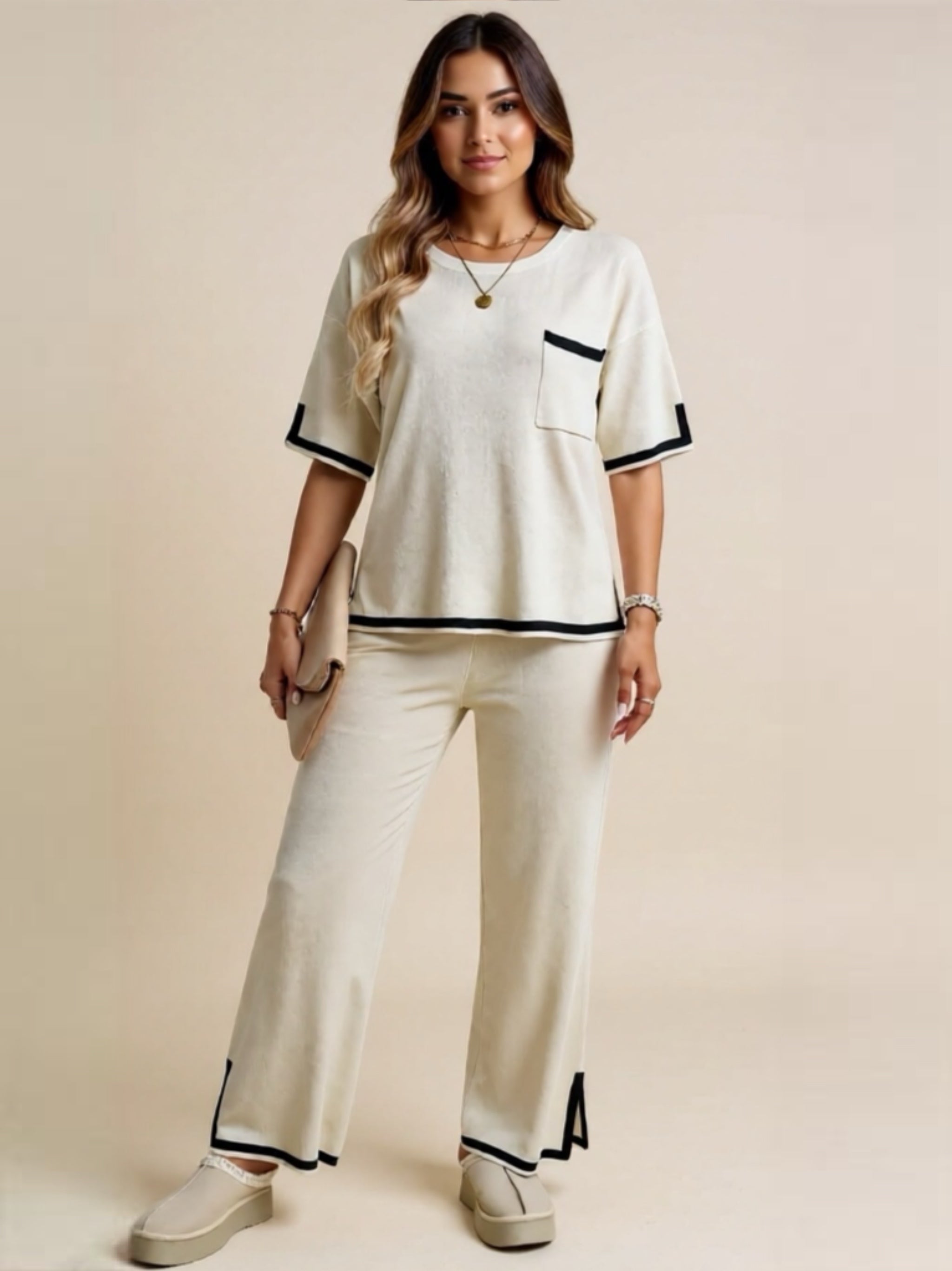 Devine Contrast Trim Half Sleeve Top & Pants Set