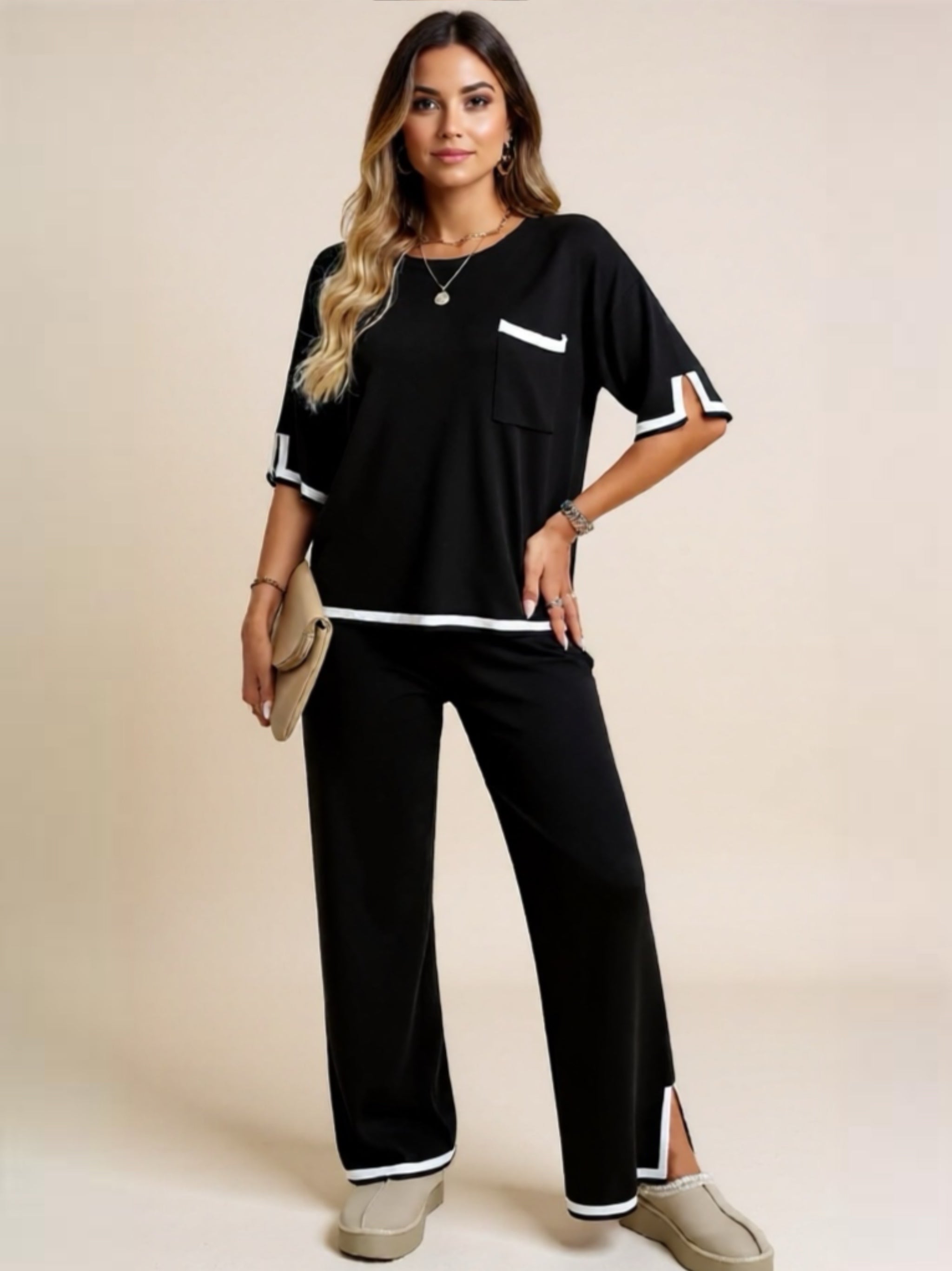 Devine Contrast Trim Half Sleeve Top & Pants Set