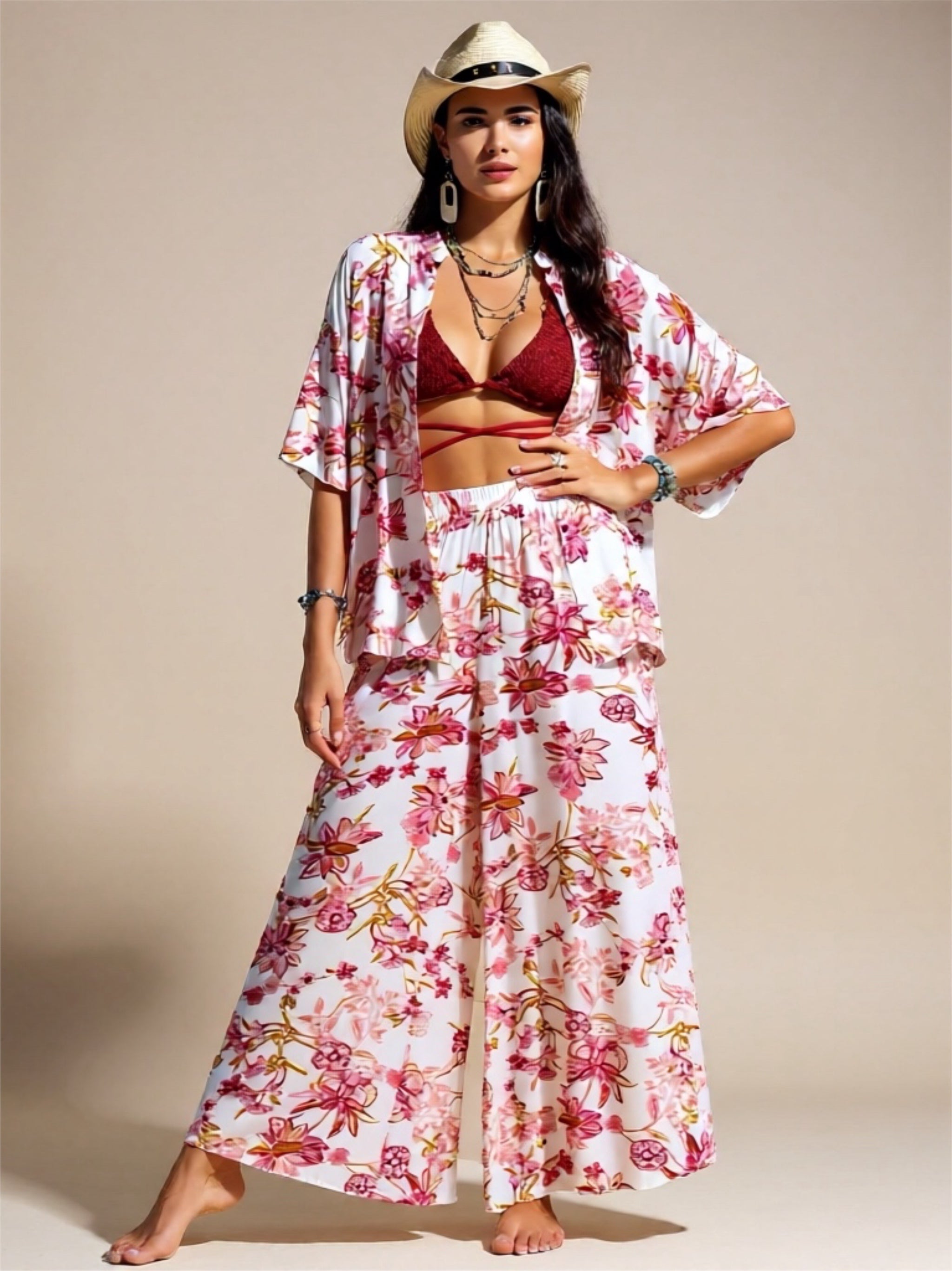 Printed Open Front Half Sleeve Top &  Pants Set