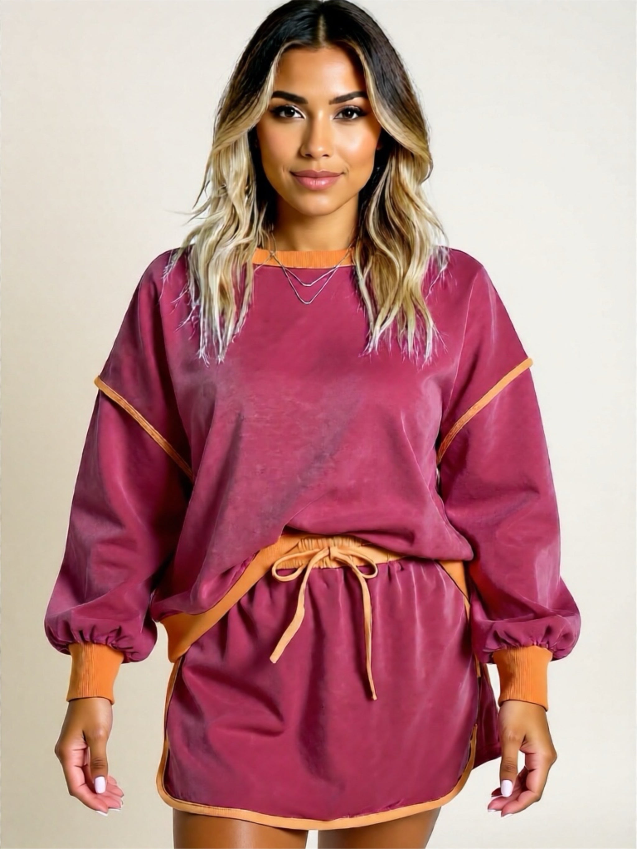 Contrast Trim Long Sleeve Top & Skort Set