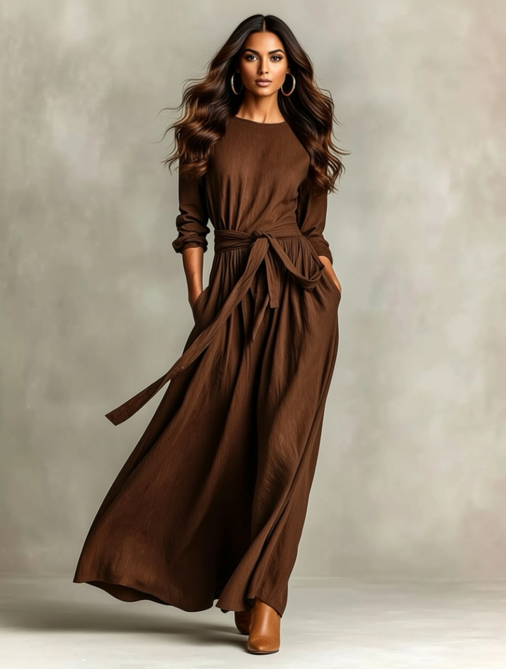 Long Sleeve Belted Maxi Dress
