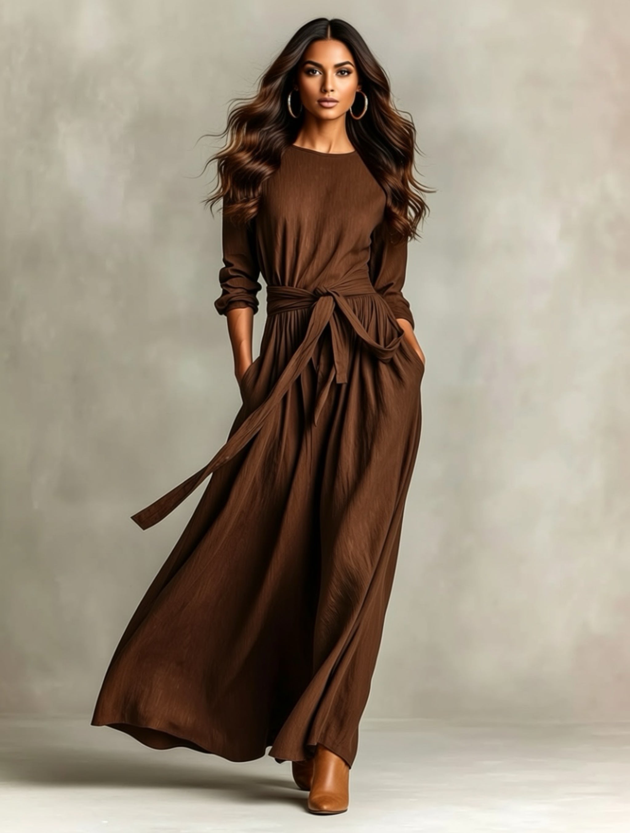 Long Sleeve Belted Maxi Dress