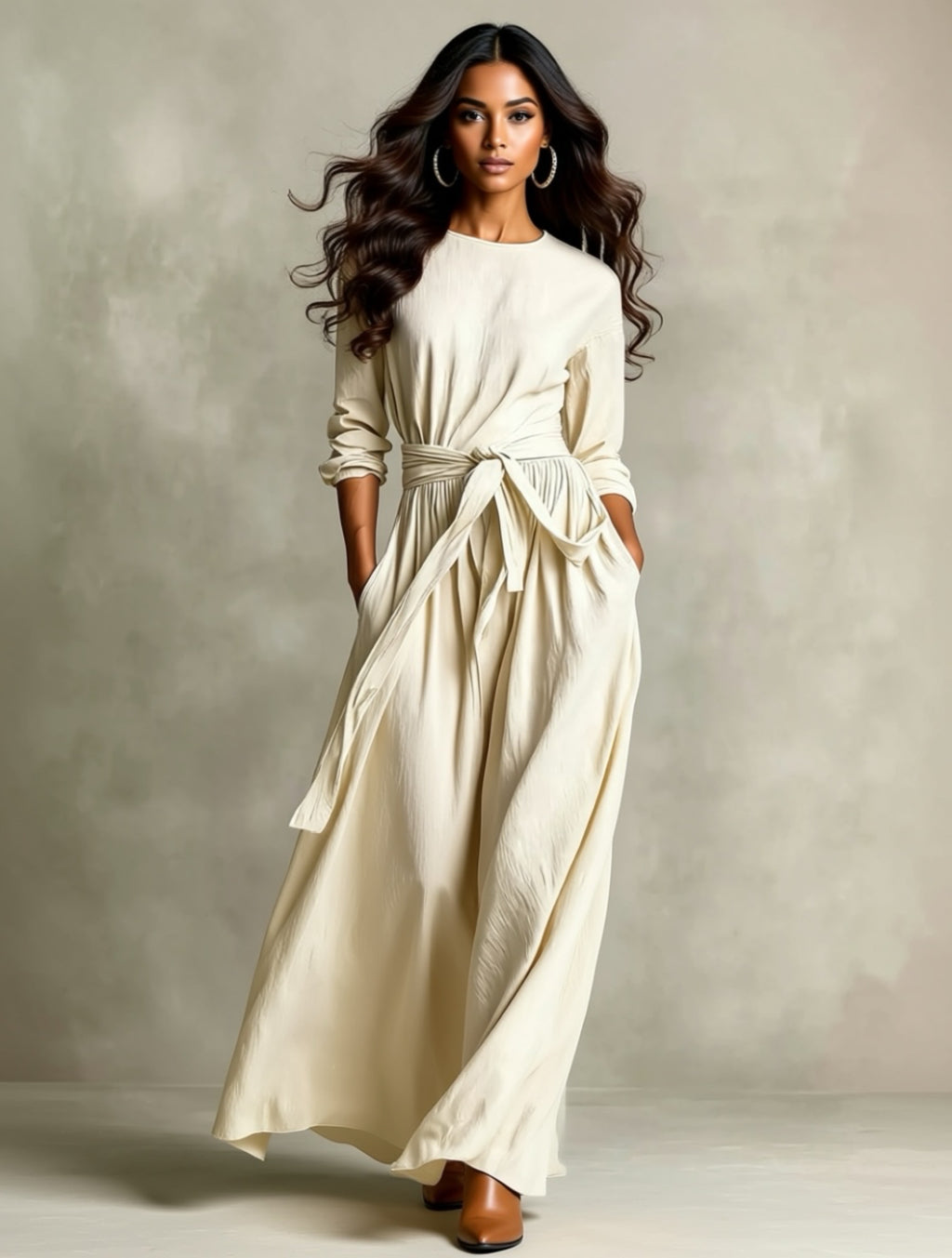 Long Sleeve Belted Maxi Dress