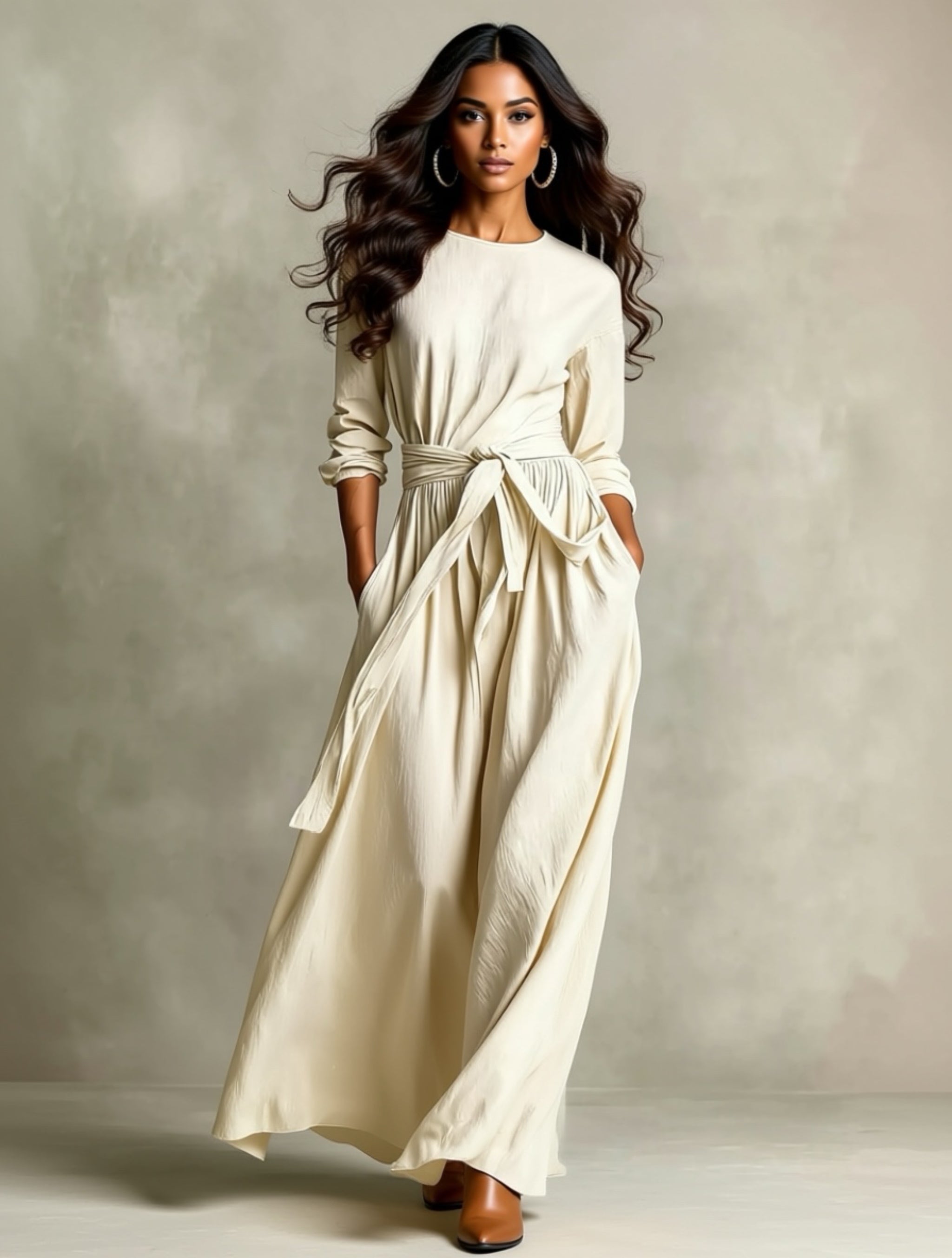 Long Sleeve Belted Maxi Dress
